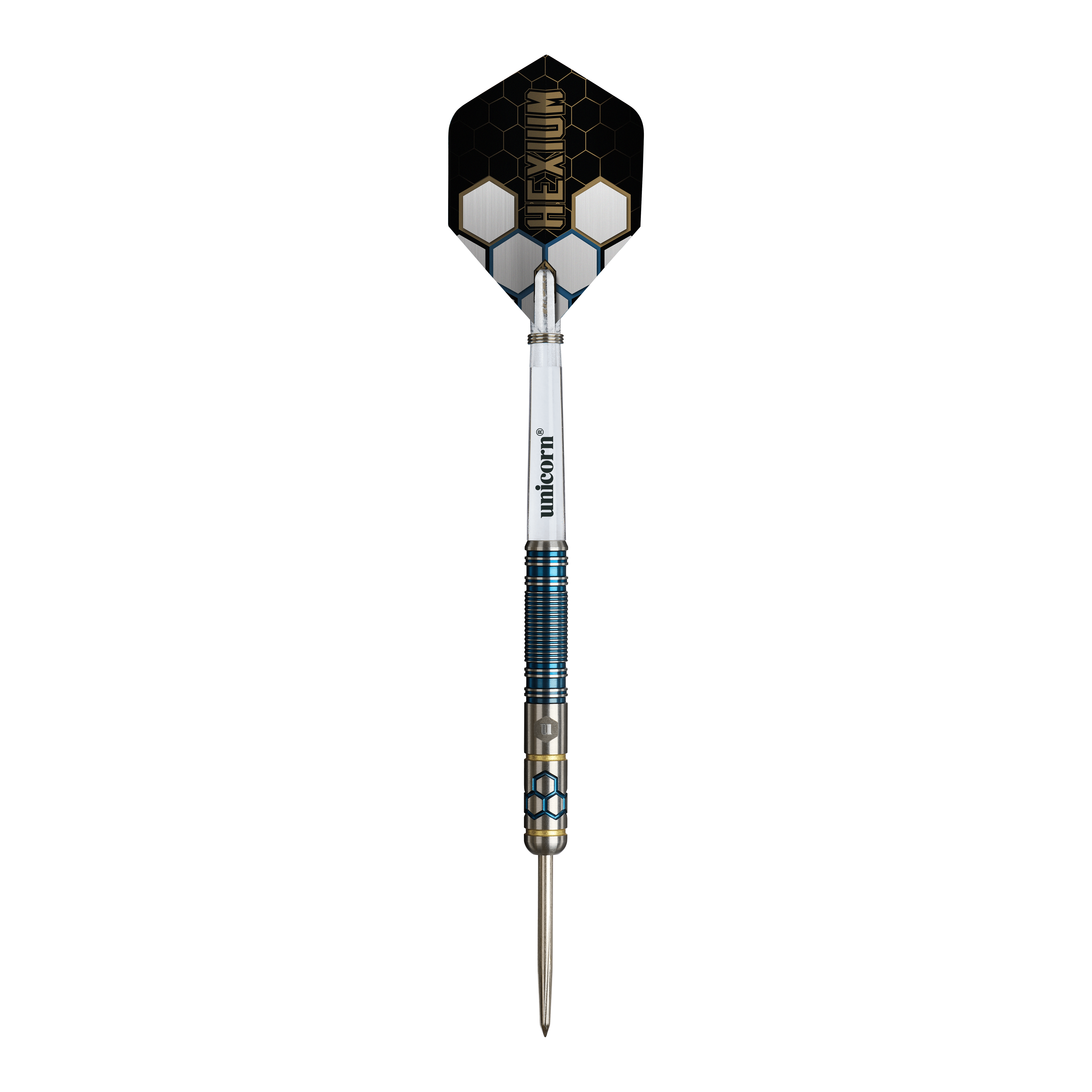 Freccette in acciaio Unicorn Hexium Style 02 blu e oro Abgebildet sind die Unicorn Hexium Style 02 Blue & Gold Steeldarts. Die Farbkombination aus Blau und Gold ist auffällig.