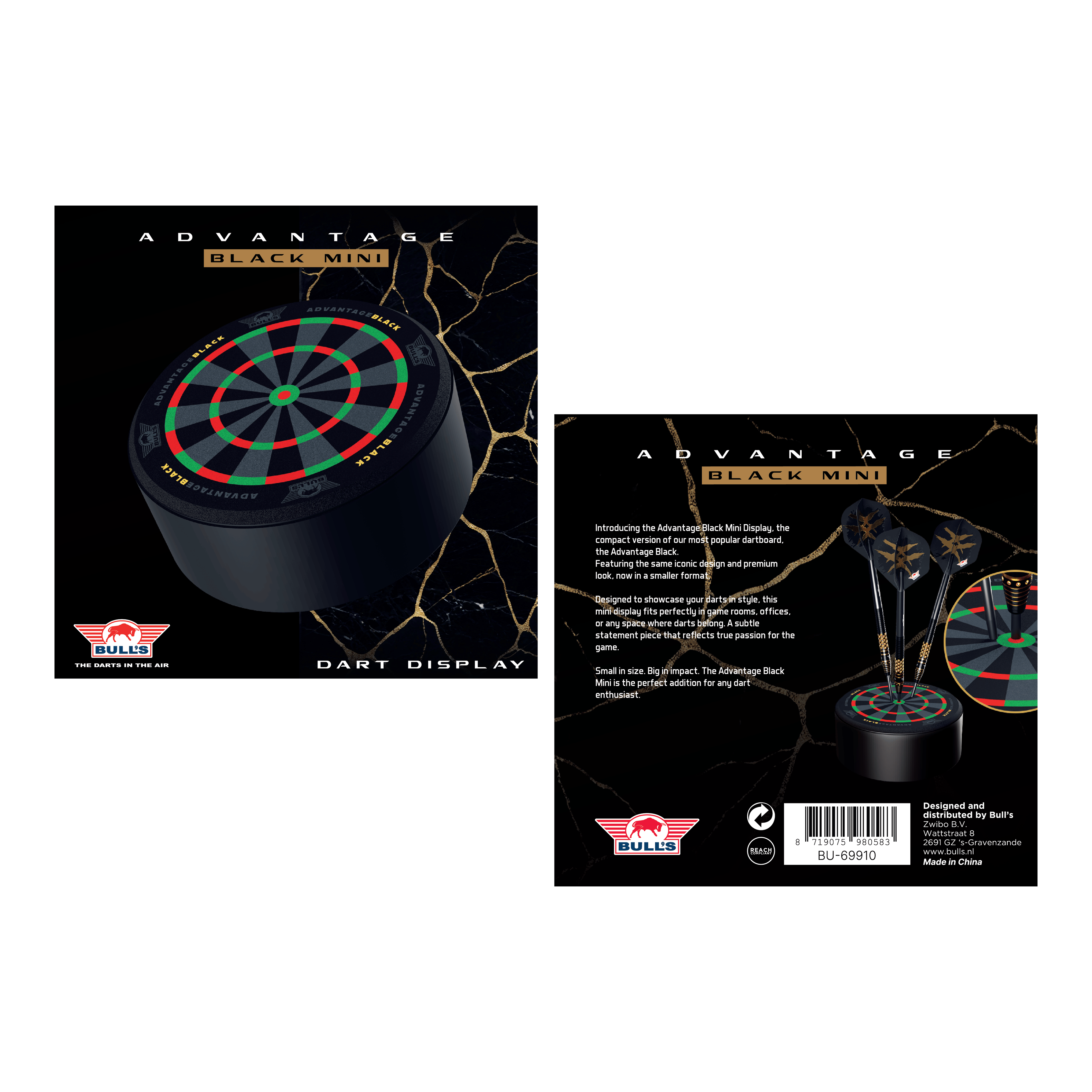 Porta freccette mini Bulls NL Advantage nero Das Bild zeigt den Bulls NL Advantage Black Mini Dart Display Darthalter. Der Halter ist ideal zur Ausstellung von Mini-Darts.