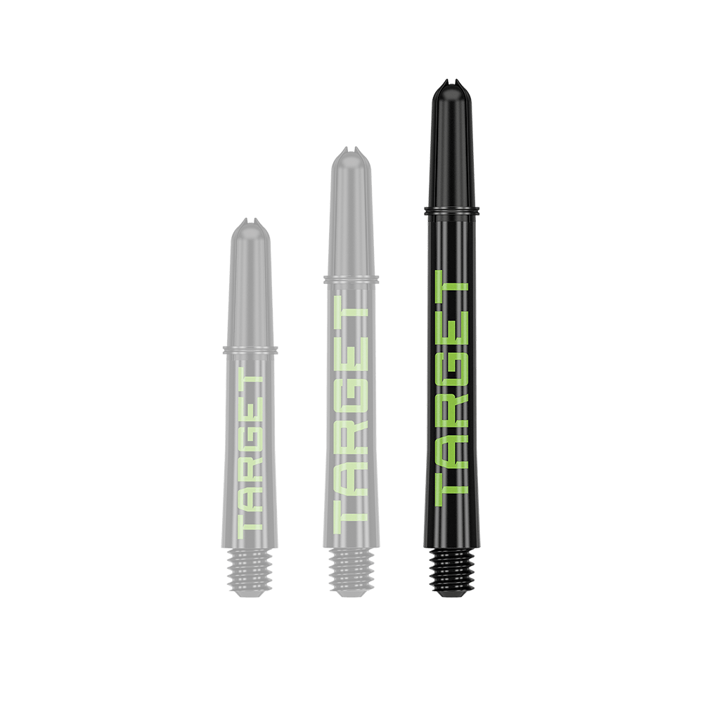 Aste Target Pro Grip TAG - 3 set - Nero Verde Ein Dart-Schaft mit auffällig langem Profil ist zu sehen. Die Farbgebung und Oberfläche sind gut erkennbar.
