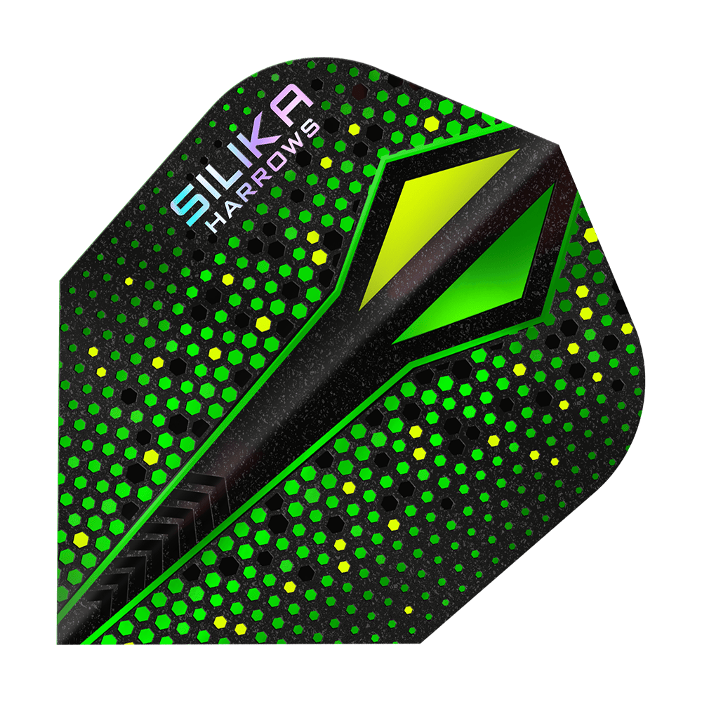 Harrows Silika Colorshift Resistente rivestimento cristallino Green-X No6 Alette Das Bild zeigt ein Dart Flight mit dem Namen „Harrows Silika Colourshift Tough Crystalline Coating Green-X No6“. Es hat ein auffälliges Design mit grünen und gelben Hexagon-Mustern auf schwarzem Hintergrund.