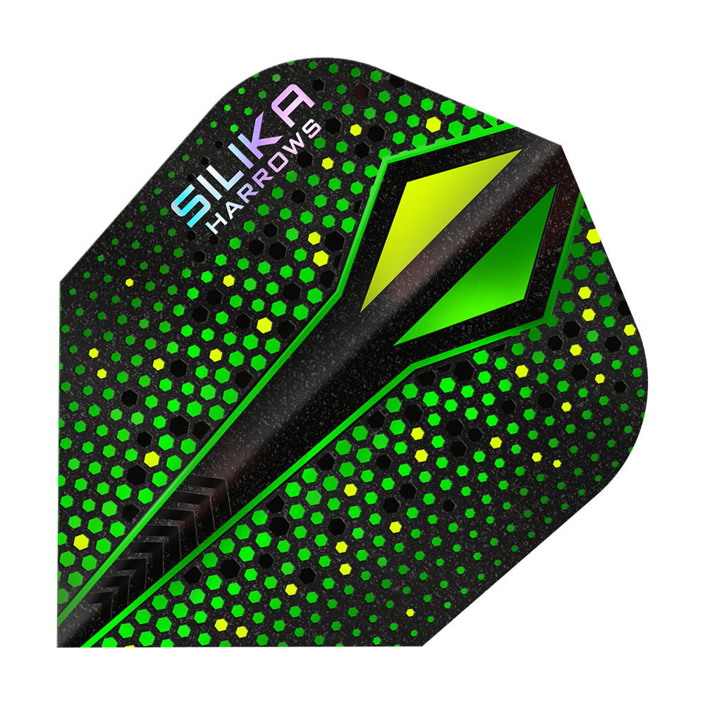 Harrows Silika Colorshift Resistente rivestimento cristallino Green-X No6 Alette Abgebildet ist ein Flight der Harrows Silika Colourshift Tough Crystalline Coating Green-X No6 Flights. Es sind verschiedene Designelemente zu erkennen.