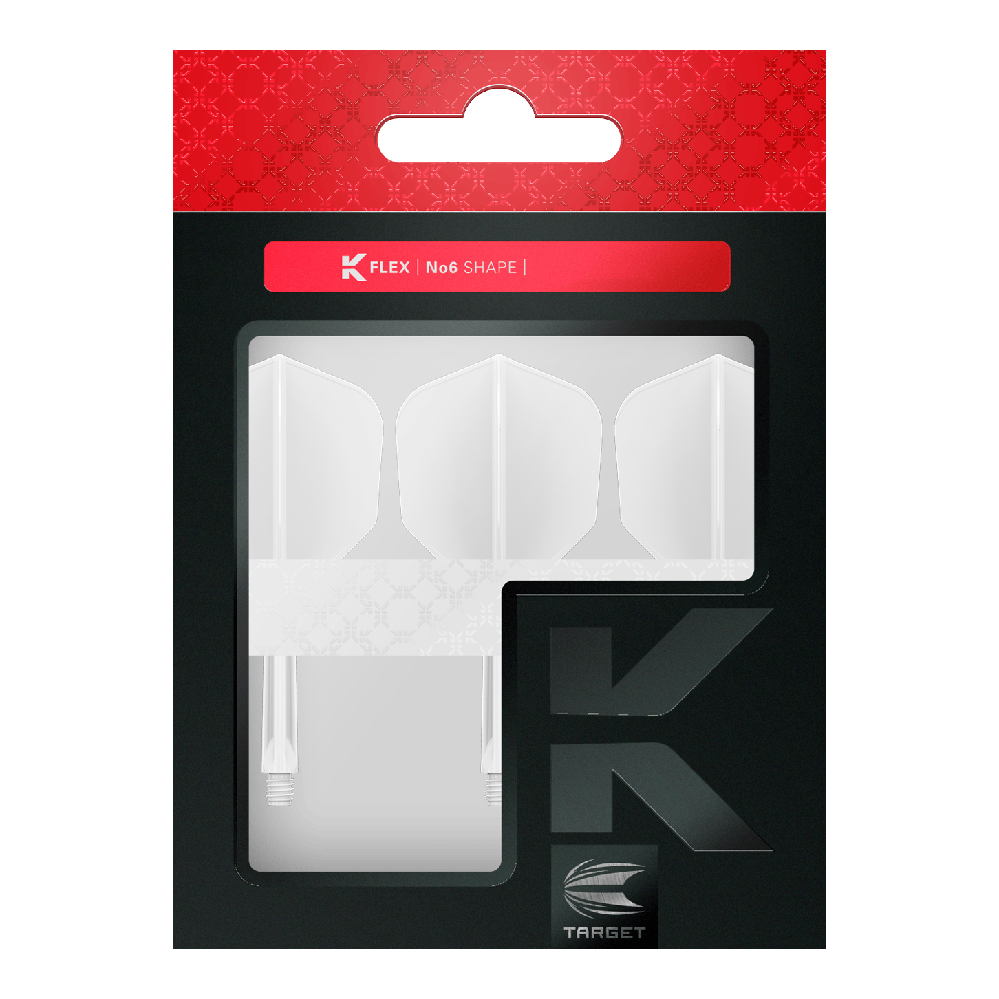 Target K-Flex No6 Flight System - Bianco Die Abbildung zeigt eine Packung mit weißen Dartflights und -shafts der Marke Target. Die Verpackung ist in Schwarz und Rot gehalten und trägt die Aufschrift "K FLEX | No6 SHAPE".