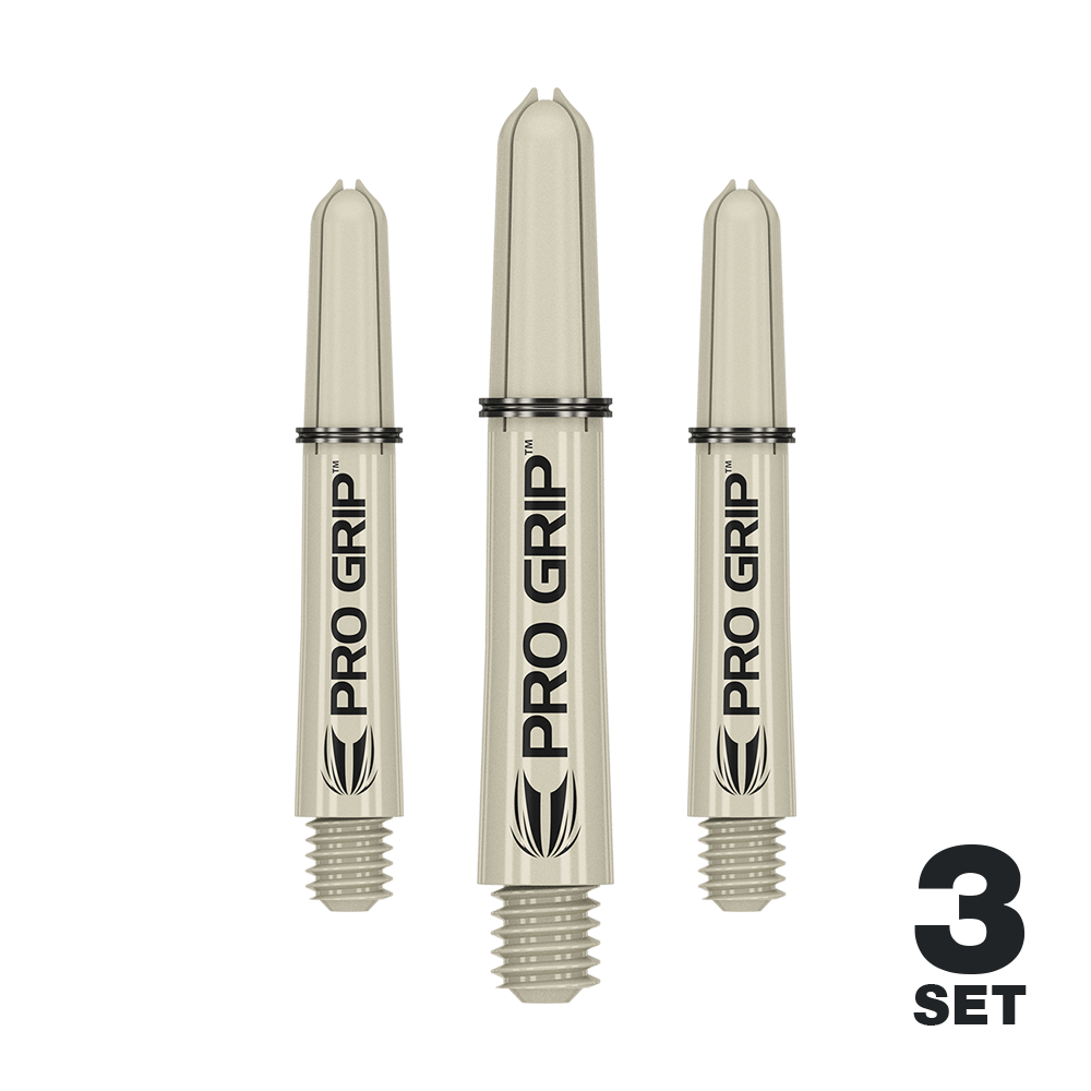 Target Pro Grip Shafts - 3 set - Sabbia Das Bild zeigt drei sandfarbene "Pro Grip" Dartschäfte der Marke Target. Unten rechts steht "3 Set", was darauf hinweist, dass es sich um ein Set mit drei Schäften handelt.