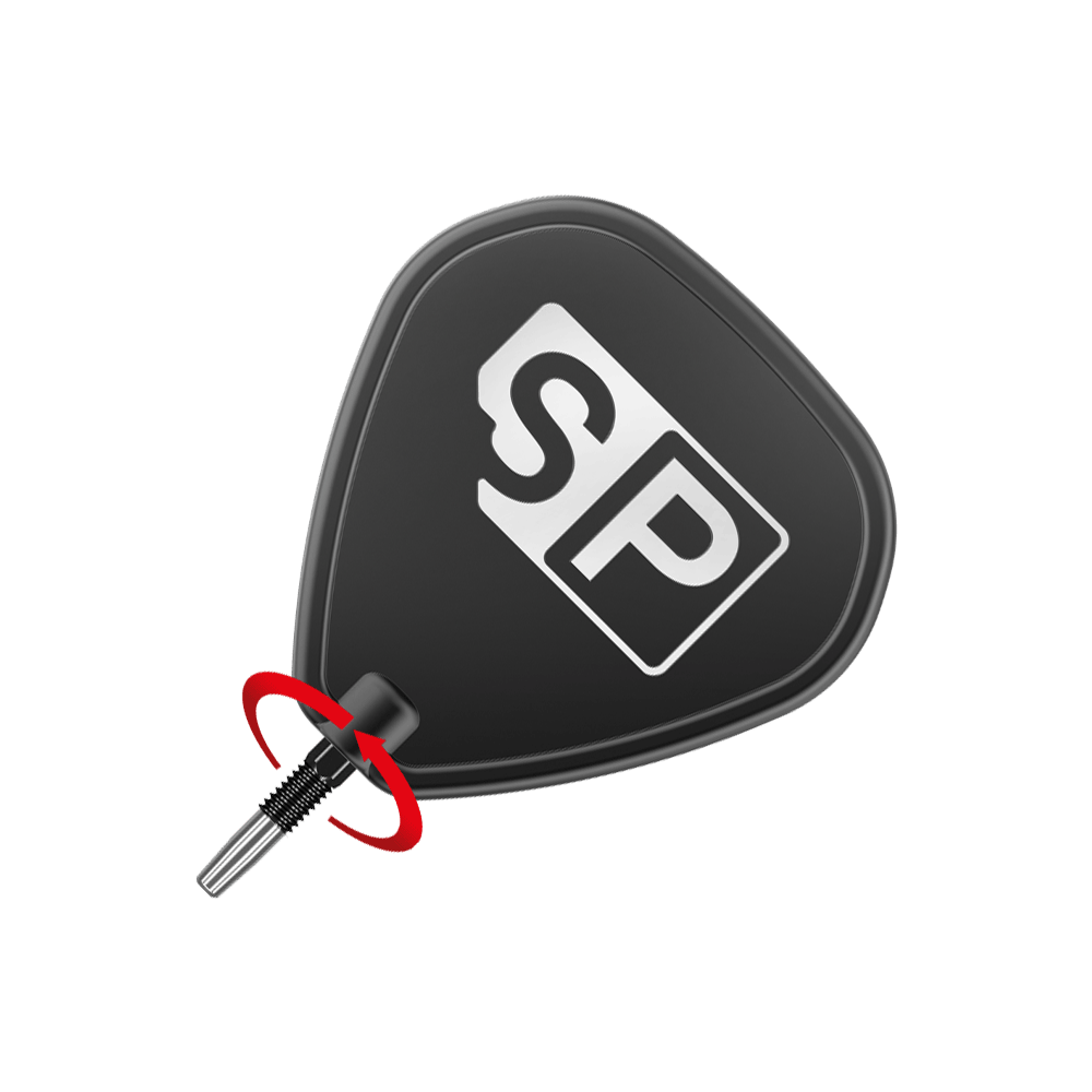 Punte per freccette Target Swiss Firepoint nere Das Bild zeigt eine schwarze Dartspitze mit den weißen Buchstaben "SP" darauf. Ein roter Pfeil deutet auf eine Drehbewegung an der Verbindung der Spitze hin.