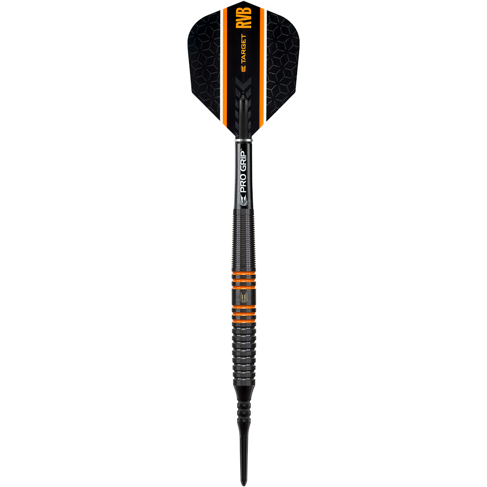100153-Target-RVB-80-Black-Tungsten-Softdarts-1dRkm1vdt0rlbr Das Bild zeigt einen Target RVB 80% Black Tungsten Softdart. Der Dart ist überwiegend schwarz mit orangefarbenen Akzenten und trägt die Aufschrift "RVB" sowie "PRO GRIP".