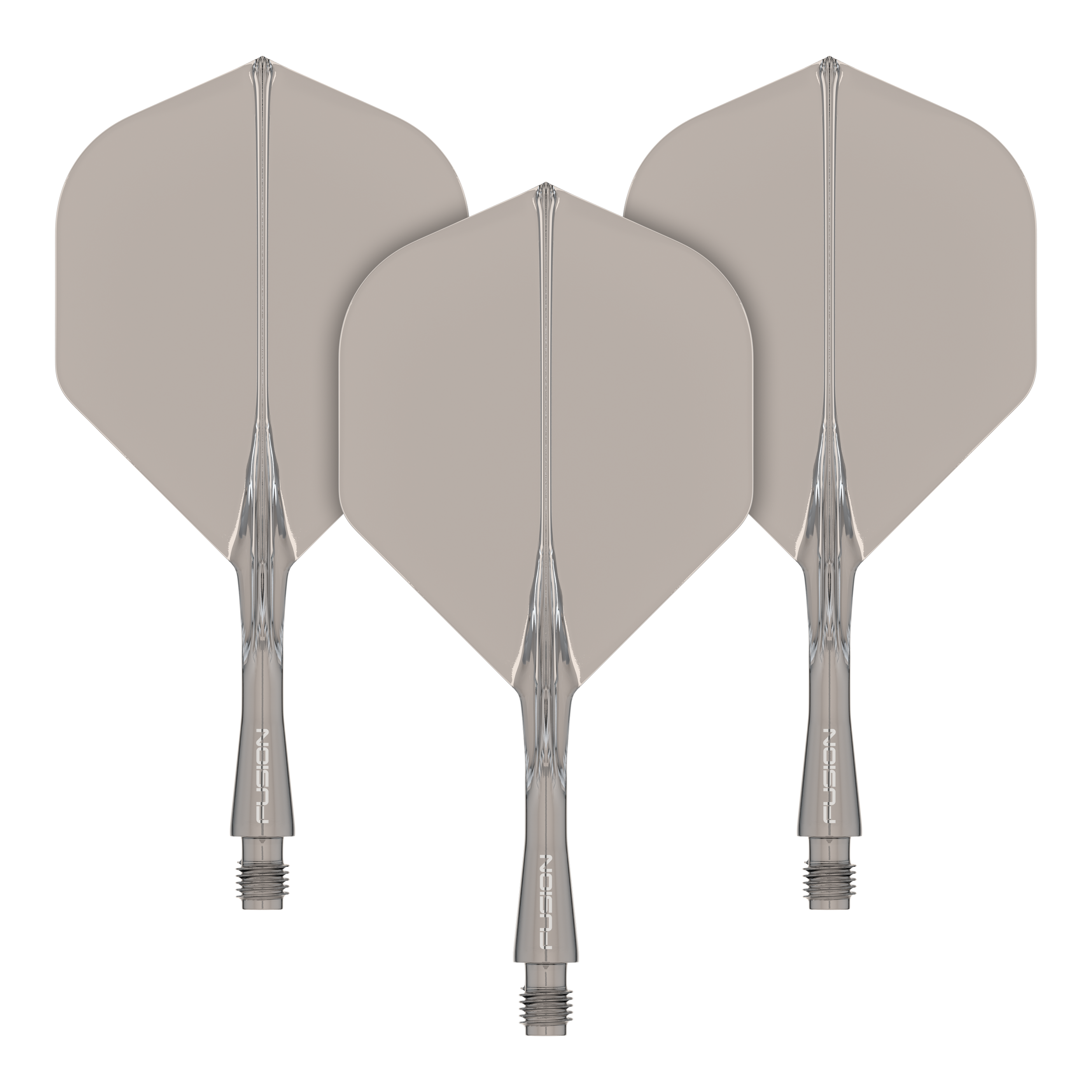 Sistema di alberi di volo a fusione Winmau Standard Smokey Das Bild zeigt drei graue Dart-Flights mit transparenten Schäften. Sie sind ordentlich nebeneinander angeordnet und haben eine standardisierte Pfeilform.
