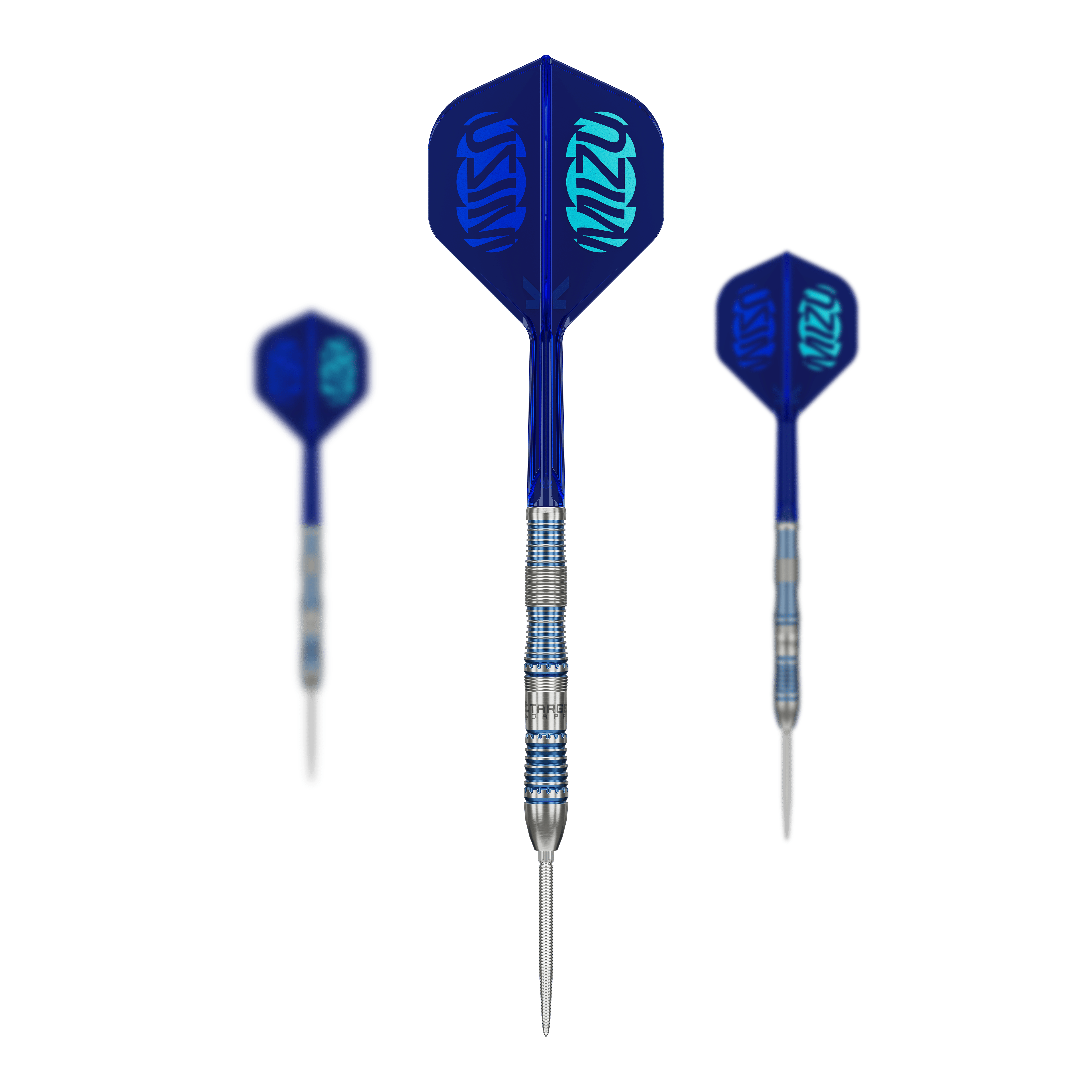 Gezeigt werden die Target Japan Mizu Series 02 Swiss Point Steeldarts. Diese Steeldarts sind Teil der japanischen Mizu Serie von Target.