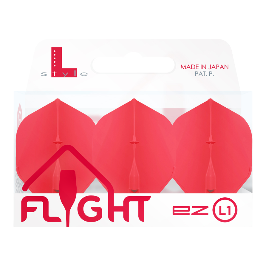 Voli standard L-Style Champagne L1EZ Das Bild zeigt eine Packung mit roten L-Style Champagne L1EZ Standard Flights. Die Verpackung ist durchsichtig und trägt die Aufschrift "Made in Japan".