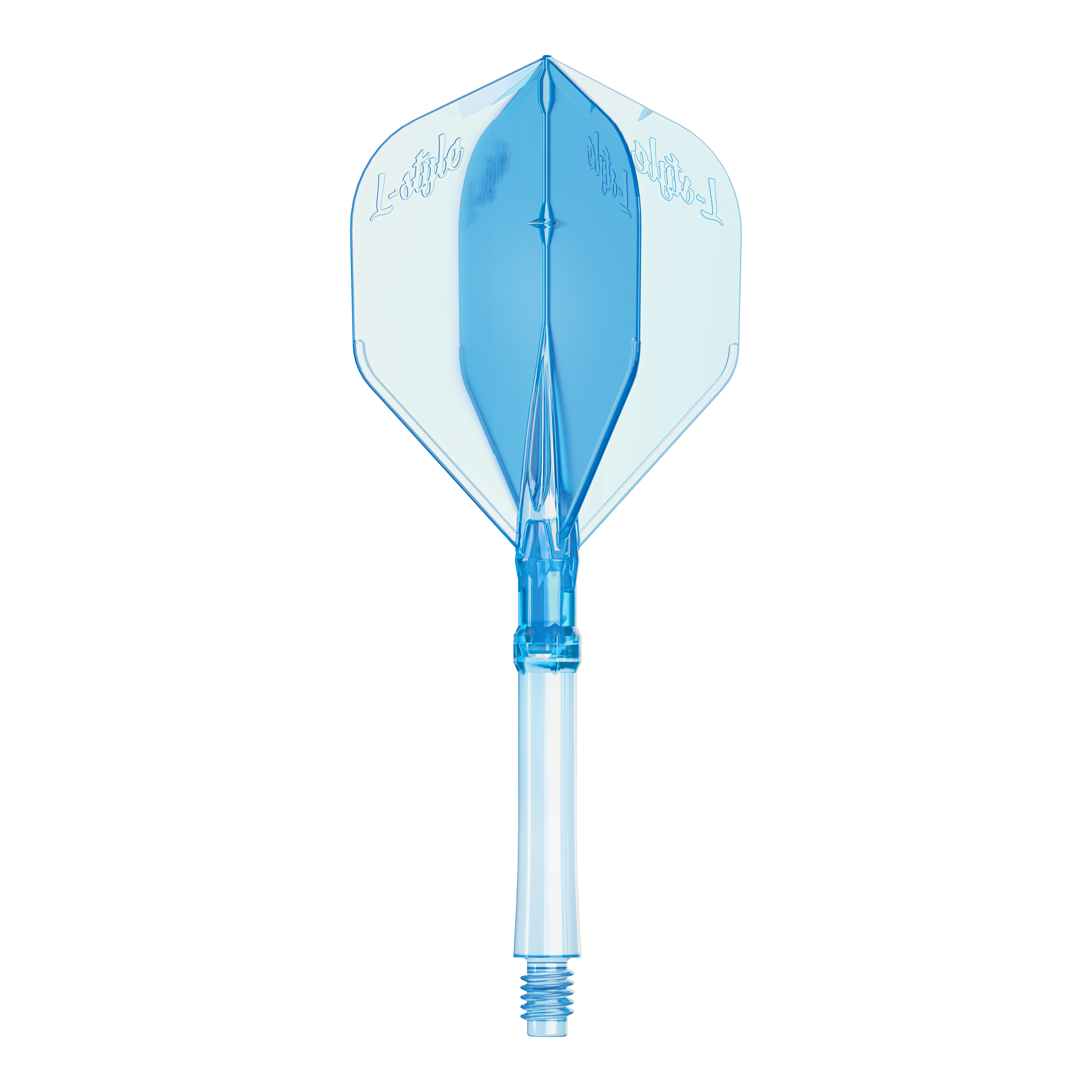 Voli L-Style L-System L1 - Blu trasparente Auf dem Bild ist ein Set L-Style L-System Flights in klarblauer Farbe, große Größe 330, zu sehen. Diese Flights werden für Dartpfeile verwendet.
