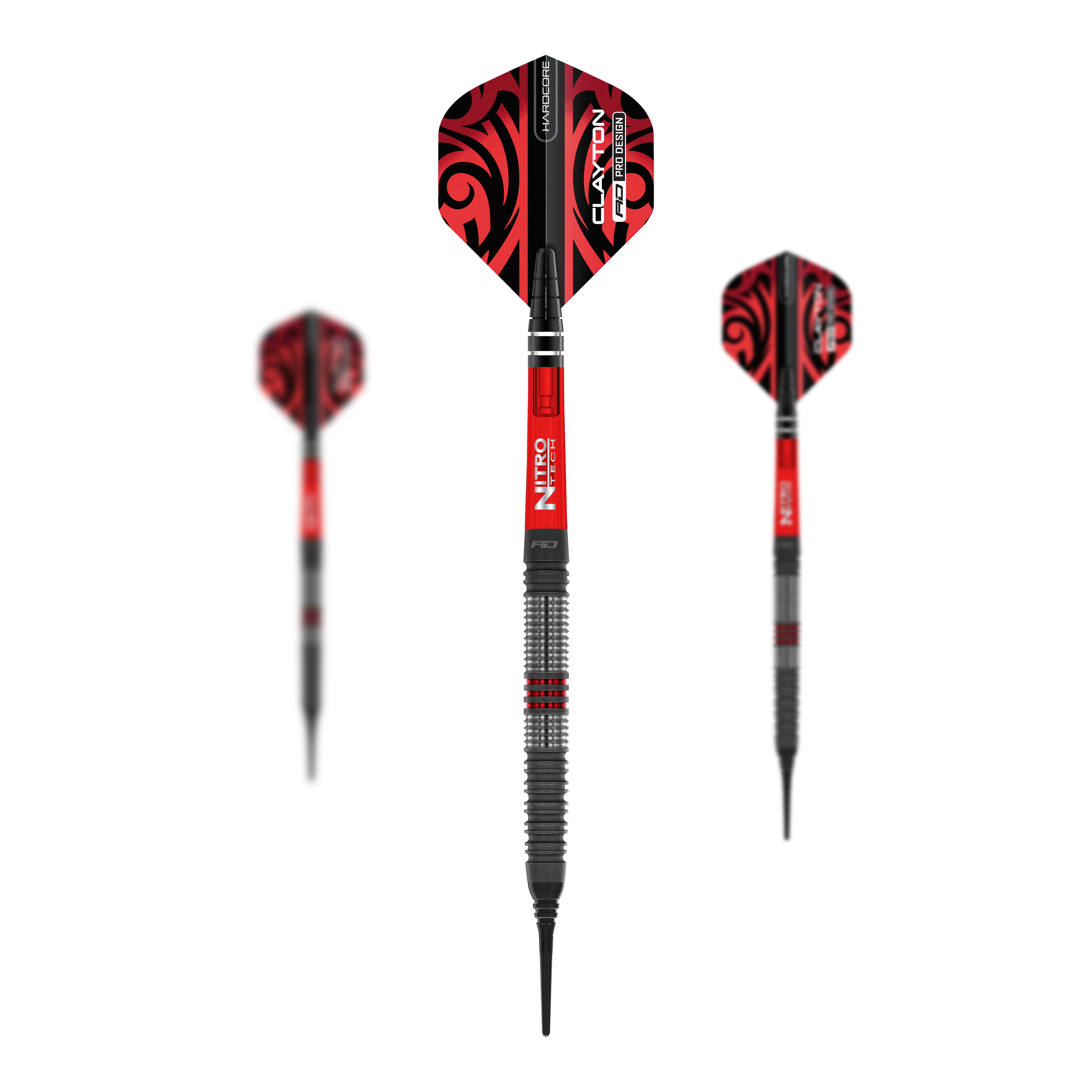 Freccette morbide Red Dragon Jonny Clayton Hiraeth - 20 g Das Bild zeigt die Red Dragon Jonny Clayton Hiraeth Softdarts mit einem Gewicht von 20g. Die Darts haben ein auffälliges rotes Design mit schwarzen Mustern und silbernen Ringen am Barrel.
