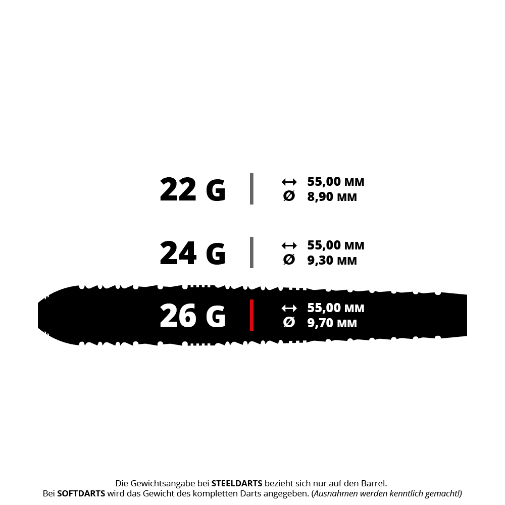 Zu sehen ist ein Harrows Heavy Metal Ryan Searle Steeldart mit einem Gewicht von 26 Gramm. Dieses Dartprodukt überzeugt durch seine Verarbeitung.