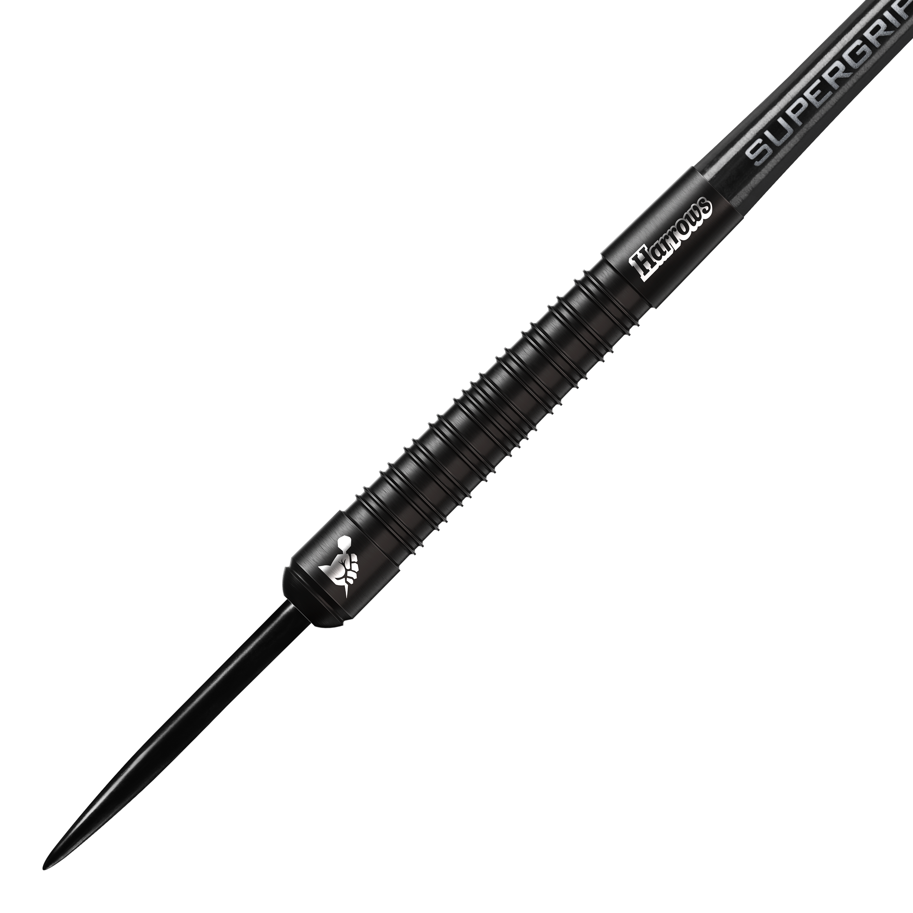 Freccette in acciaio Harrows Supergrip Black Edition Das Bild zeigt einen schwarzen Steeldart der Marke Harrows aus der Supergrip Black-Edition. Der Dart hat ein geriffeltes Griffstück und ein elegantes, komplett schwarzes Design.