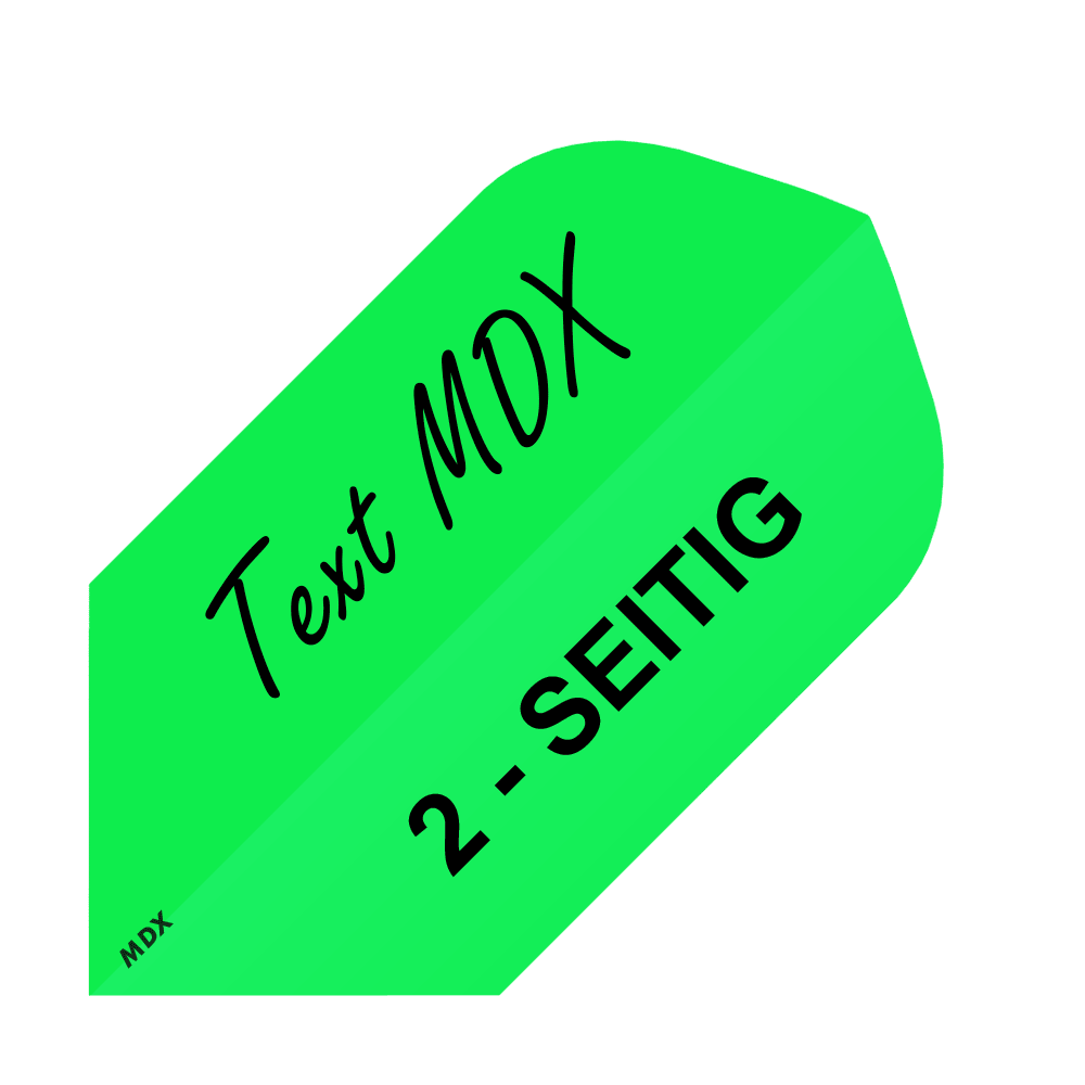 MD-453_2-Seitig_Bedruckte_Flights_Wunschtext_MDX_Gr-n_Slim_1 Dart-Flights mit eigenem Design und kräftigen Farben. Die Flights sind gestapelt dargestellt.
