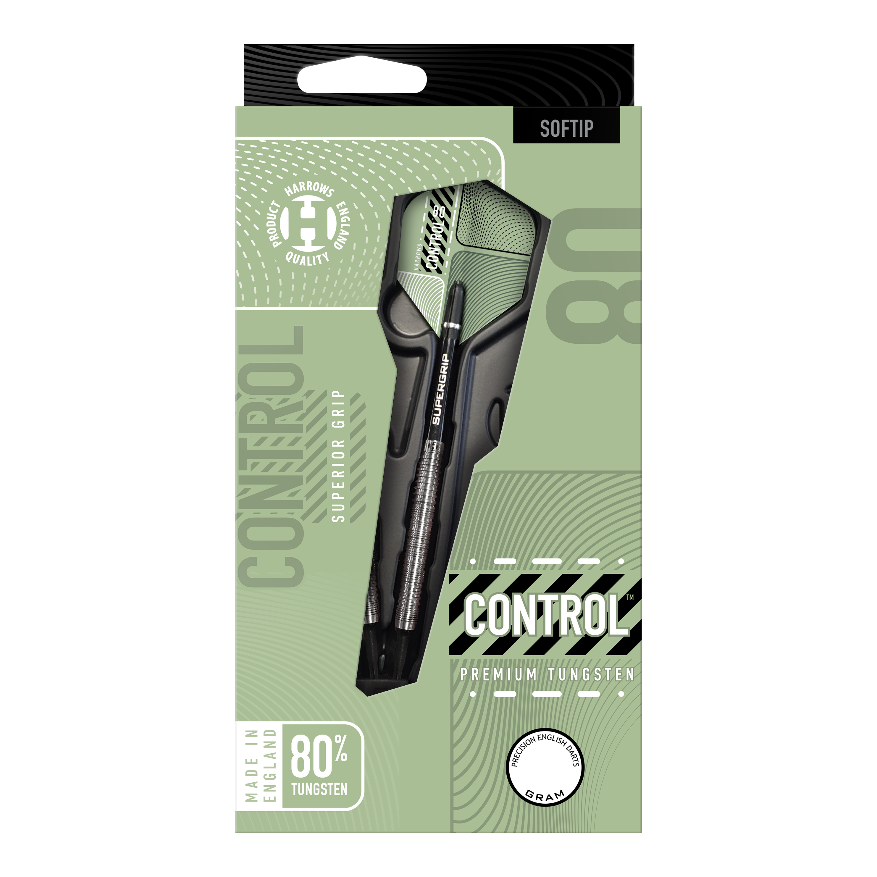 Harrows controlla i Softdarts paralleli Das Bild zeigt die Verpackung der "Harrows Control Parallel Softdarts" mit dem Dartpfeil gut sichtbar. Auf der Verpackung steht, dass der Dart aus 80% Tungsten besteht und für einen überlegenen Griff sorgt.