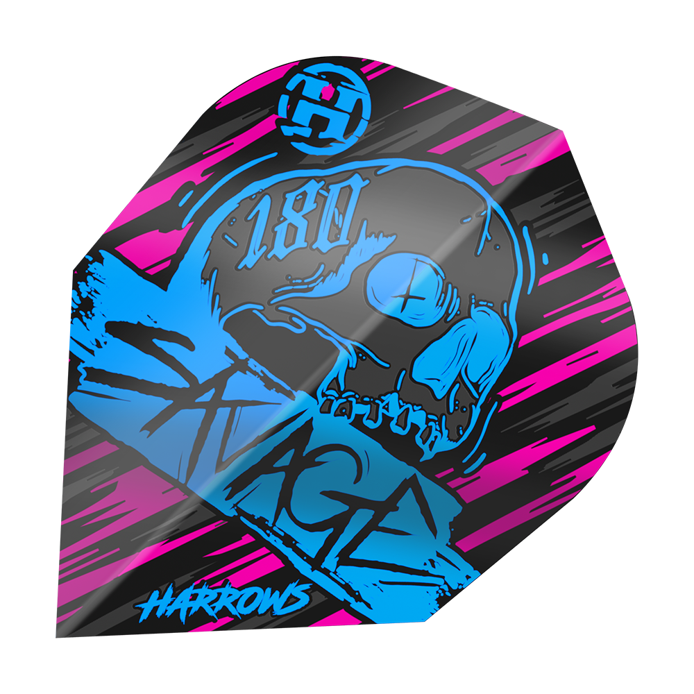 Voli Savage Aqua Pink No6 di Harrow Das Bild zeigt das Produkt "Harrows Savage Aqua Pink No6 Flights" mit einem auffälligen Design in Blau, Pink und Schwarz. In der Mitte ist ein Totenkopf und der Schriftzug "Savage" zu sehen.