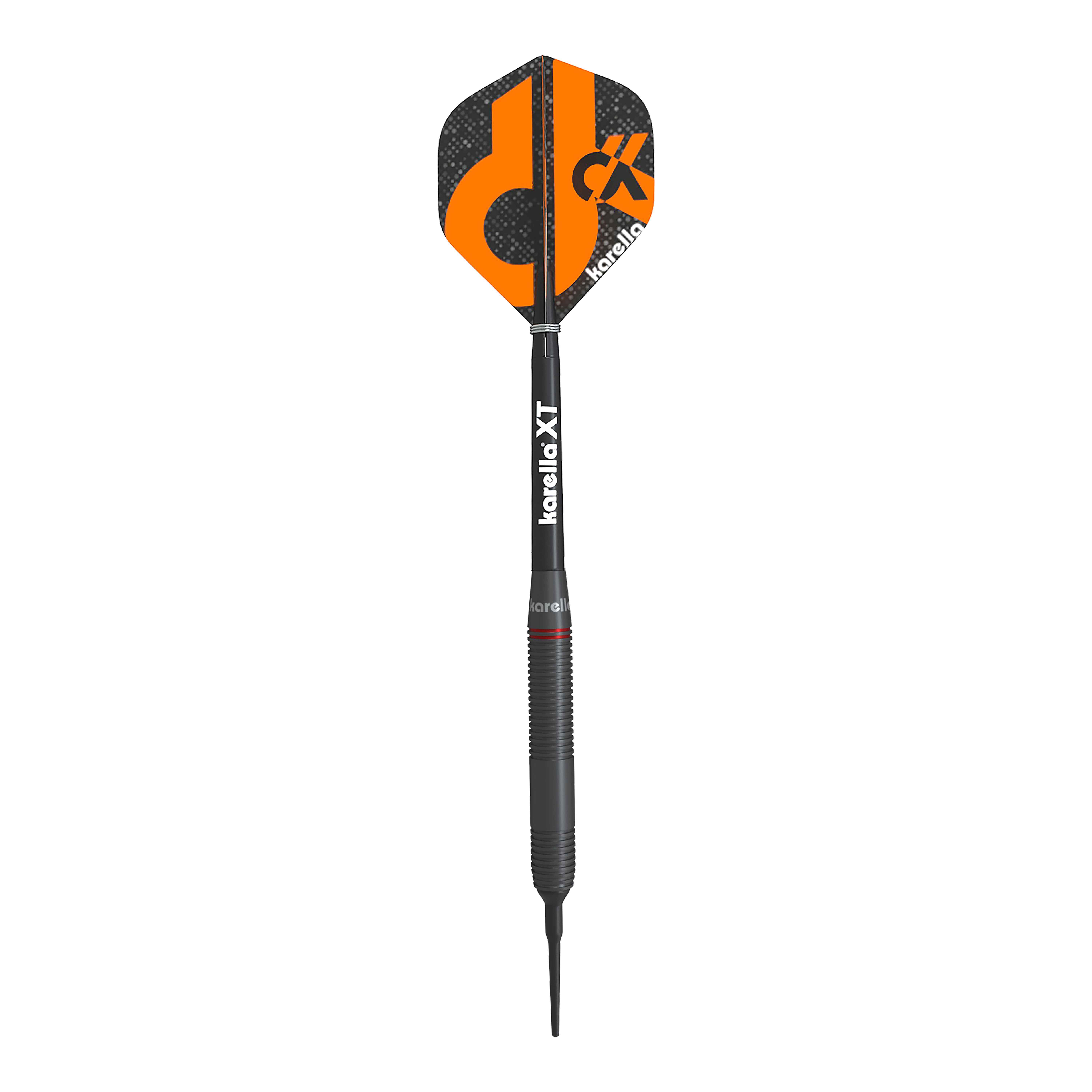 Karella Daniel Klose freccette morbide Das Bild zeigt einen Softdart der Marke Karella, Modell Daniel Klose. Der Dartpfeil hat eine schwarze Spitze und ein schwarzes Flight mit orangefarbenem Design und dem Karella-Logo.