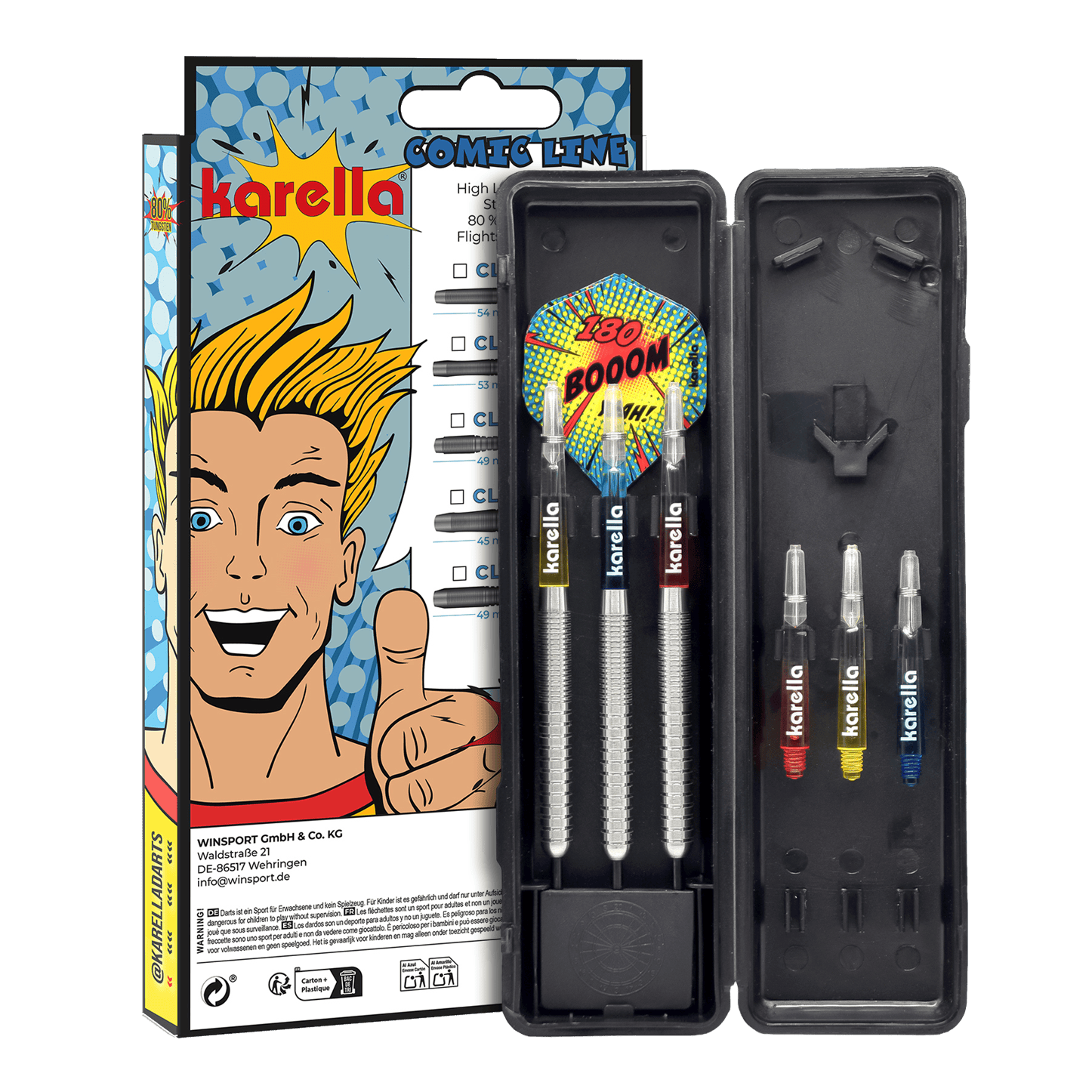 Freccette in acciaio Karella Comic Line CL-1 - 22 g Hier sehen Sie den Karella Comic Line CL-1 Steeldarts - 22g. Das Foto präsentiert Details des Dartpfeils.
