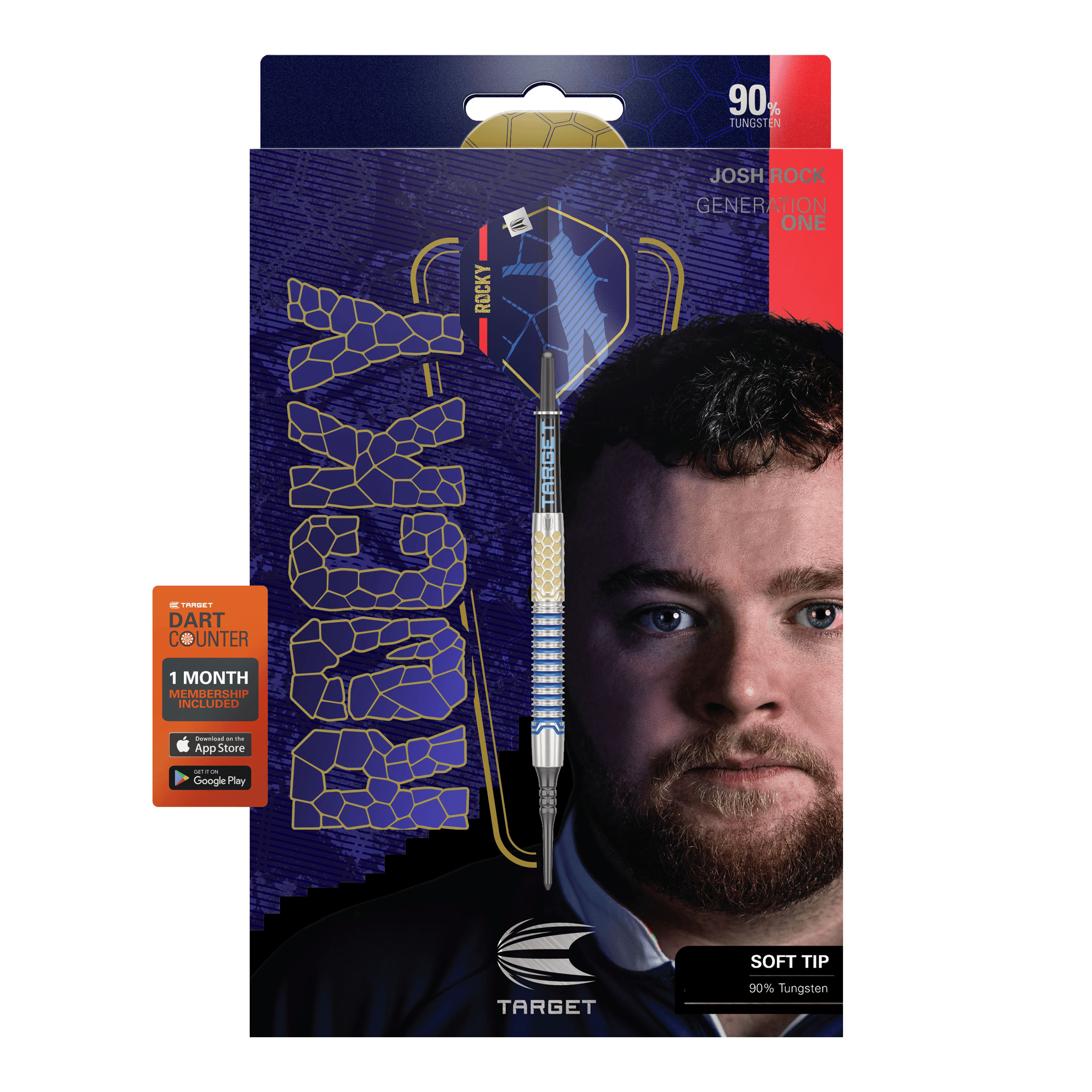 Freccette morbide Target Josh Rock GEN1 - 20 g Die Abbildung zeigt die Softdarts "Target Josh Rock GEN1" mit einem Gewicht von 20g. Auf der Verpackung ist ein Porträt eines Mannes sowie die Angabe "90% Tungsten" und "SOFT TIP" zu sehen.