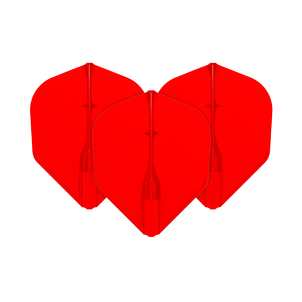 Voli L-L-Style3EZ Auf dem Bild sind drei rote Dart-Flights zu sehen. Sie sind nebeneinander angeordnet und haben eine klassische Pfeilform.