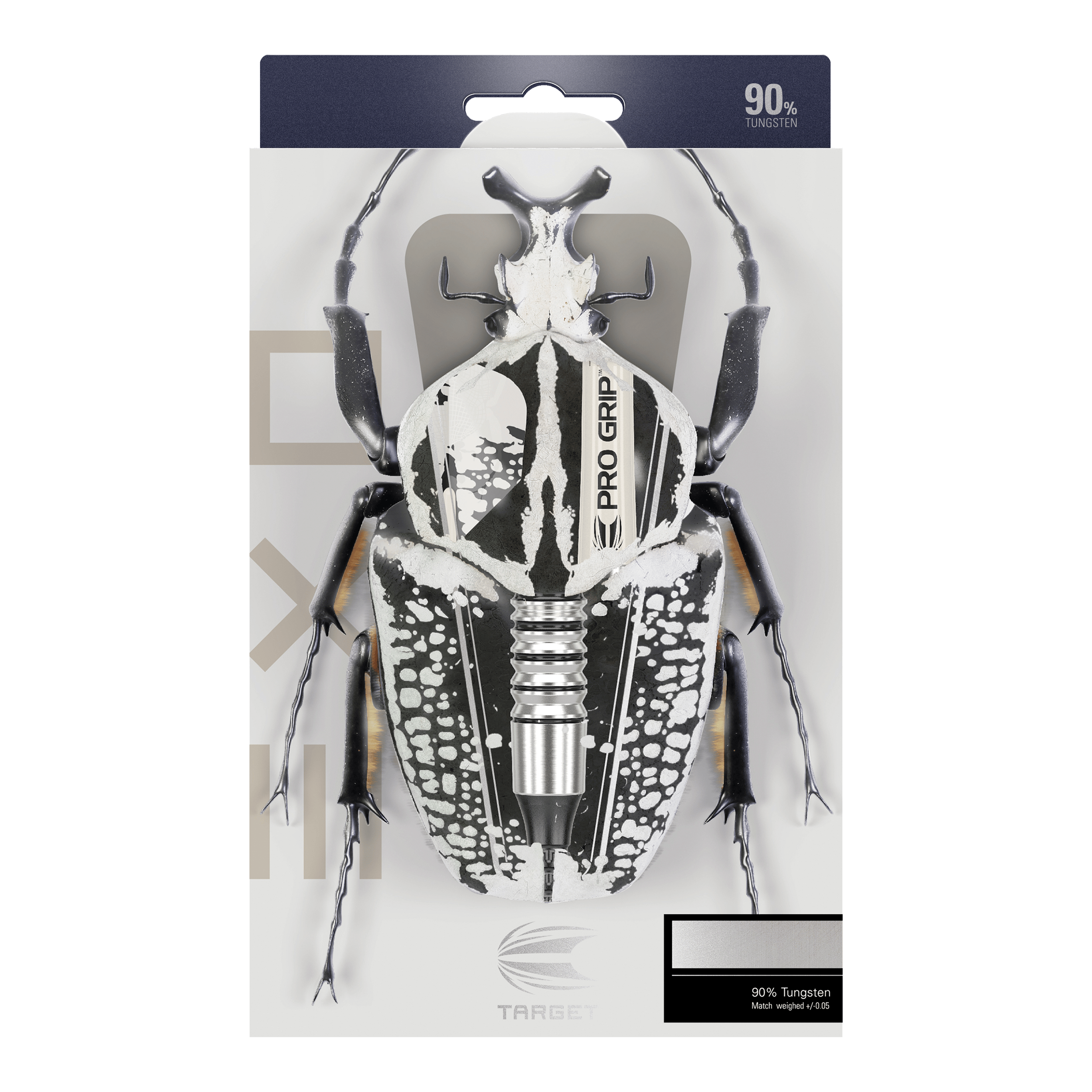 Freccette morbide Target EXO 11 Auf der Verpackung der "Target EXO 11 Softdarts" ist ein Käfer abgebildet, dessen Körper mit den Dartpfeilen kombiniert wurde. Oben steht "90% Tungsten", was auf das Material der Darts hinweist.