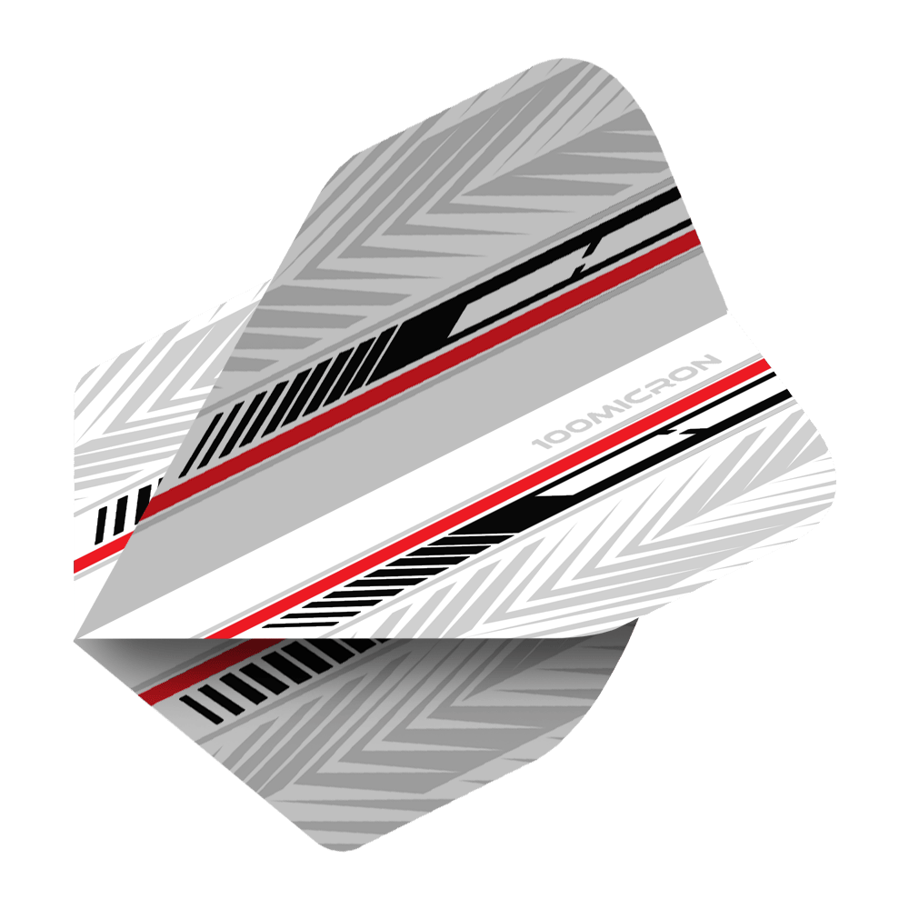 Voli Pentathlon bianchi/neri/rossi Das Bild zeigt ein Dart-Flight mit dem Namen "Pentathlon White Black Red No2 Standard Flights". Es ist überwiegend weiß und grau mit schwarzen und roten Akzenten und geometrischem Muster gestaltet.