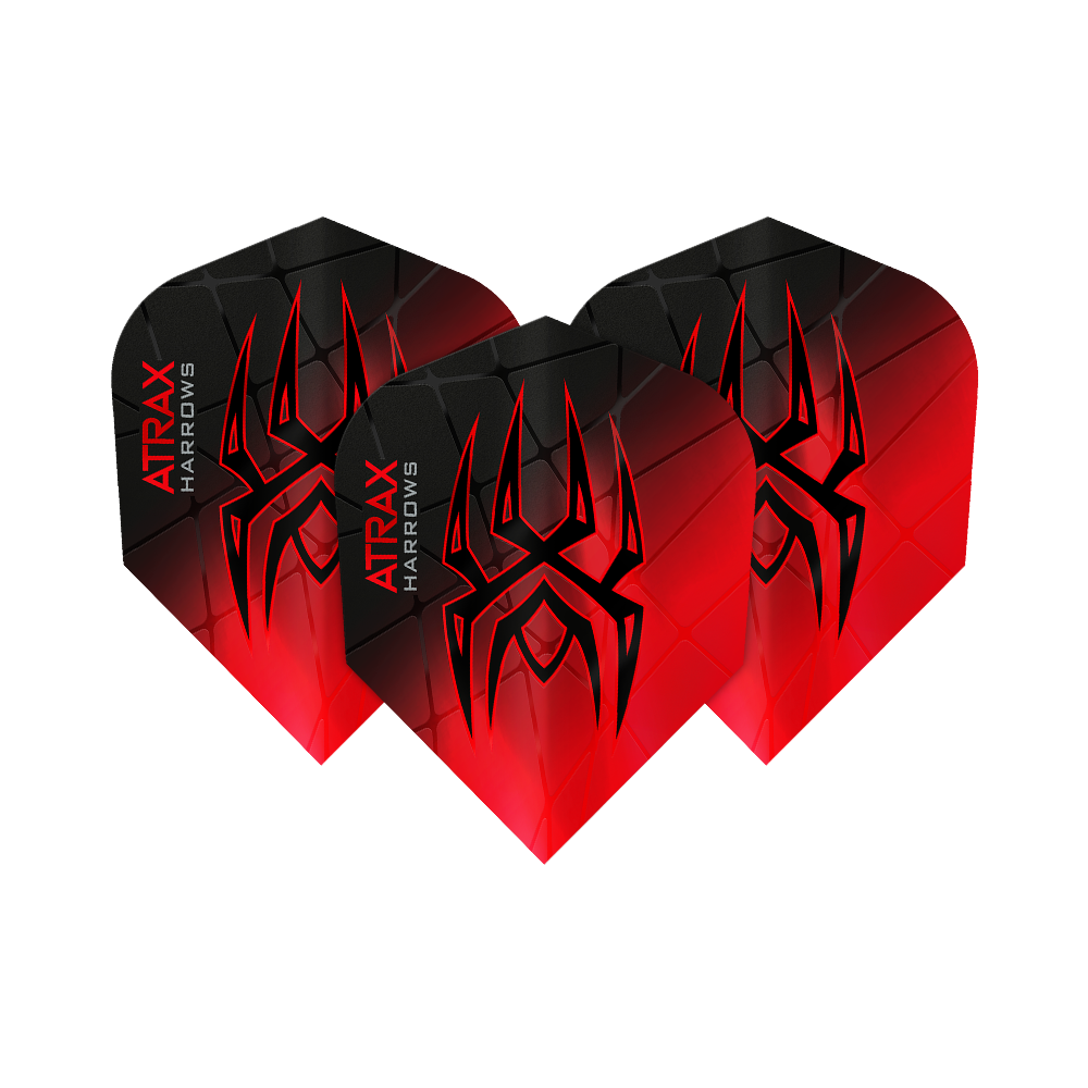 Voli Atrax Prime No6 di Harrow Das Bild zeigt drei Harrows Atrax Prime No6 Flights in Schwarz und Rot mit einem markanten Spinnennetz-Design. Auf jedem Flight steht der Name "Atrax Harrows" an der Seite.