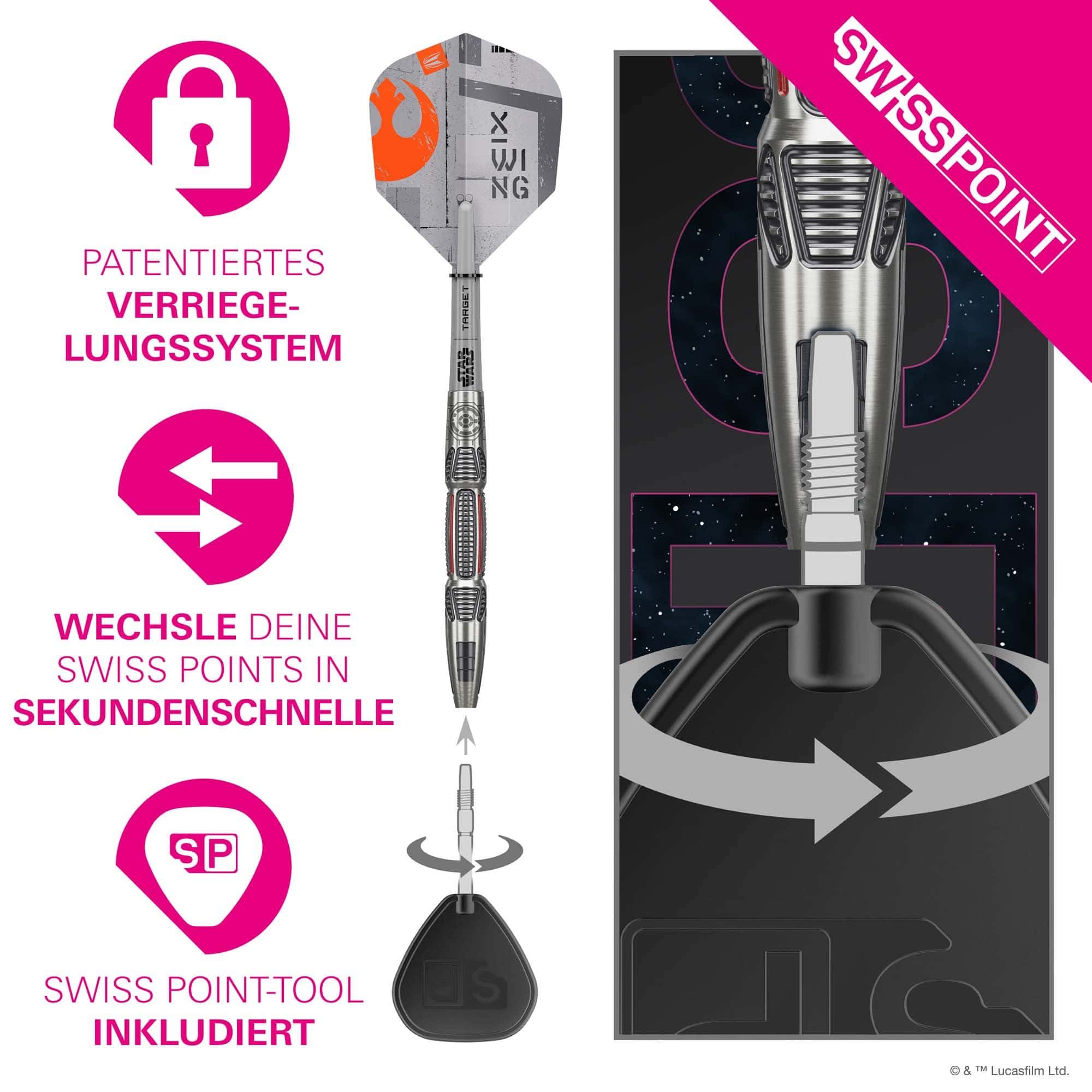 Freccette in acciaio con punta svizzera Target Star Wars X-Wing Target Star Wars X-Wing Swiss Point Steeldarts sind abgebildet. Das Produkt ist inspiriert von Star Wars und in einem speziellen Design gestaltet.