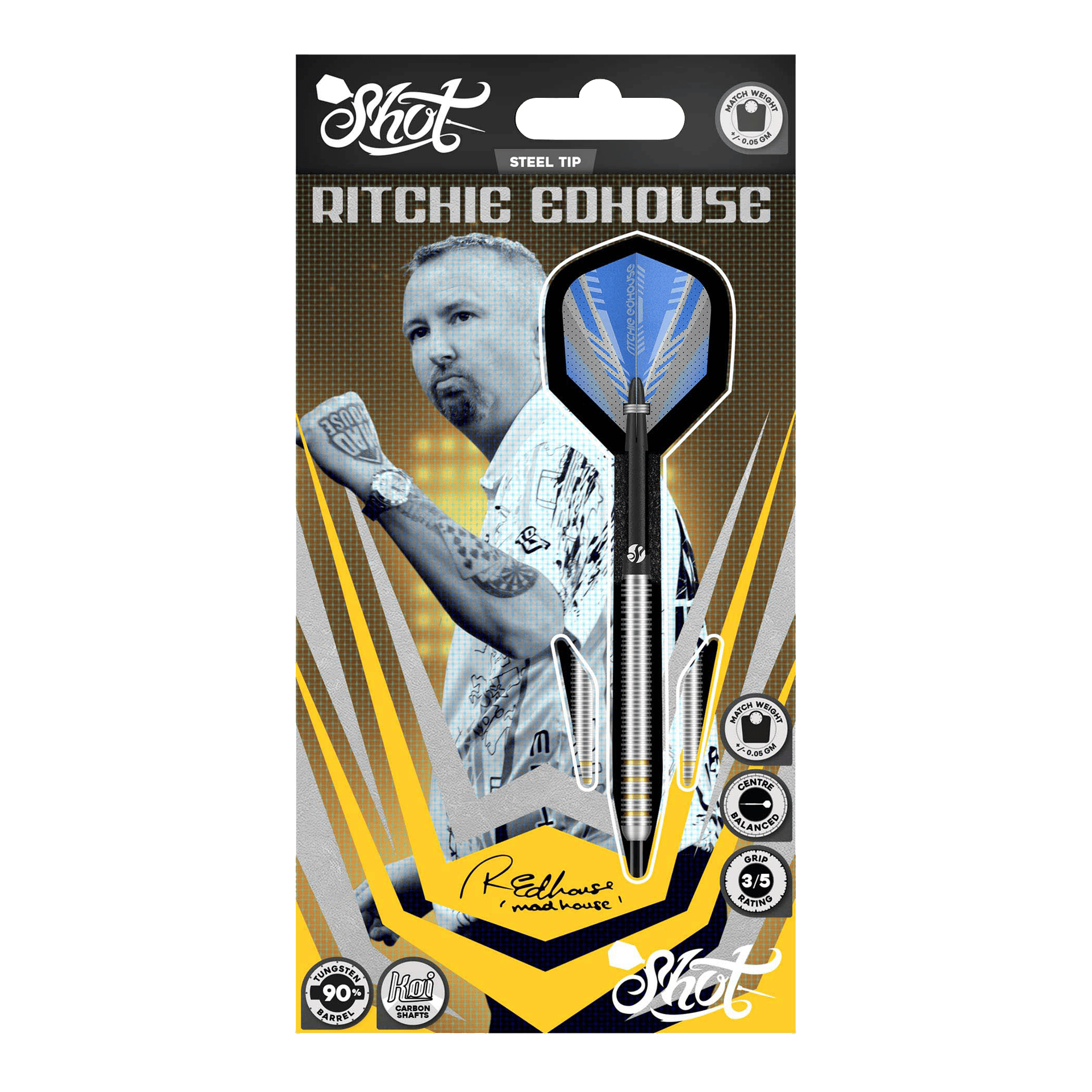 Freccette Shot Ritchie Edhouse Core Steel Das Bild zeigt die Shot Ritchie Edhouse Core Steeldarts aus einer anderen Perspektive. Die Darts sind präzise verarbeitet und ideal für Profis.