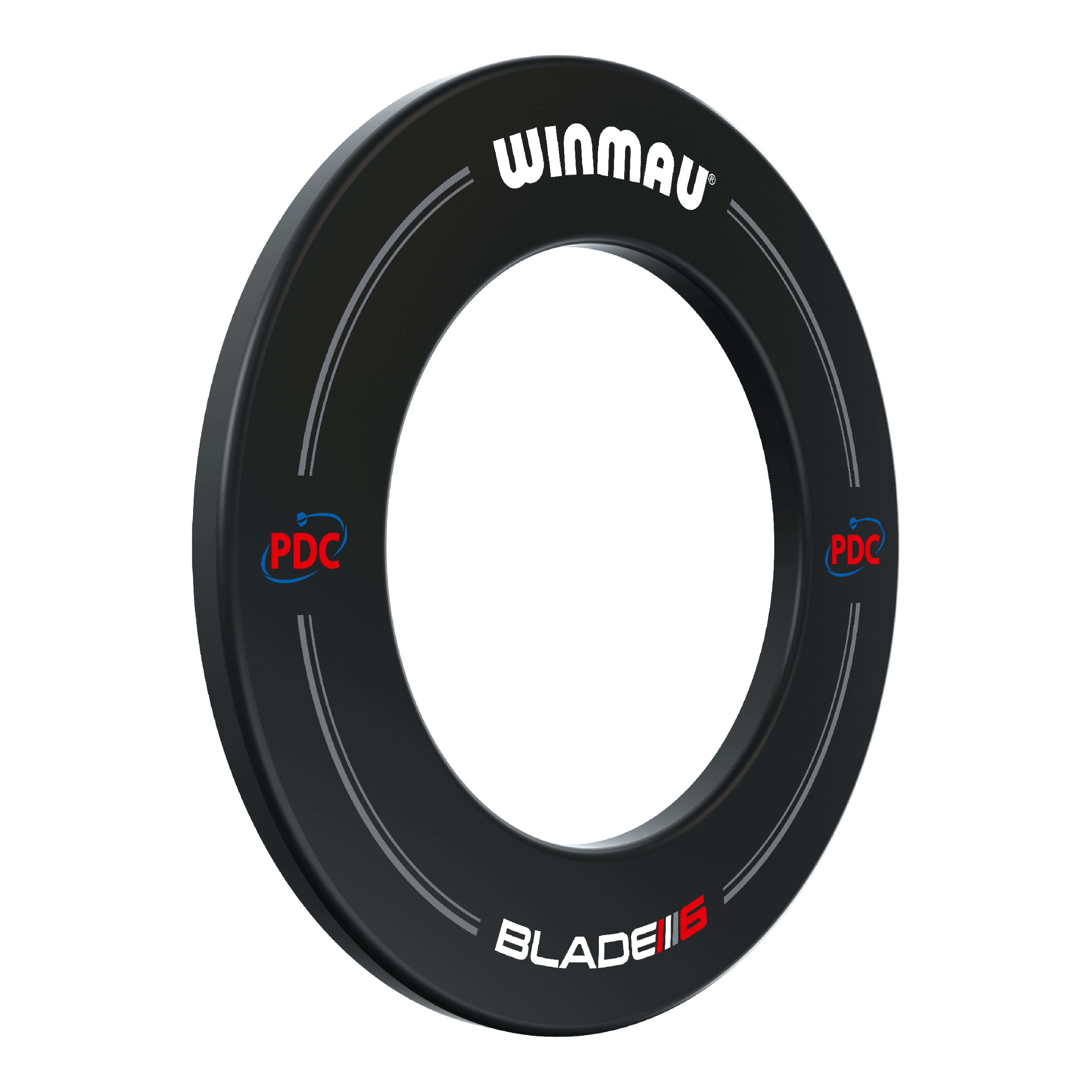 Cornice per freccette Winmau PDC - nera Das Bild zeigt die Winmau PDC Dartboard Surround in Schwarz. Der Dartboard-Schutzring ist rund und trägt die Aufschriften "WINMAU", "PDC" und "BLADE 6".