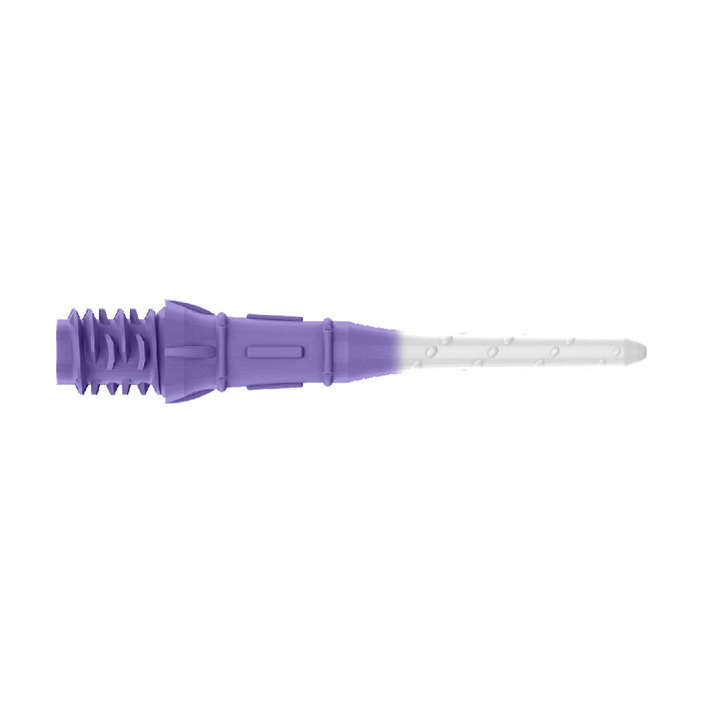 L-Style Premium Two Tone Lippoints (confezione da 30) Das Bild zeigt eine zweifarbige Dartspitze in Lila und Weiß. Der vordere Teil ist weiß, während der hintere Teil lila ist.