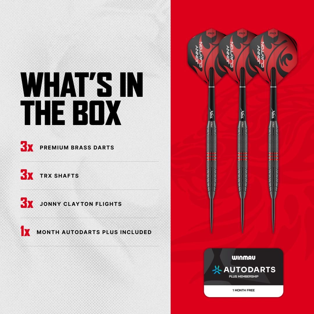 Freccette in acciaio Red Dragon Jonny Clayton Core Brass - 21 g Abgebildet sind die Red Dragon Jonny Clayton Core Brass Steeldarts - 21g. Die Darts liegen in einer Reihe und ihre Spitzen sind gut sichtbar.