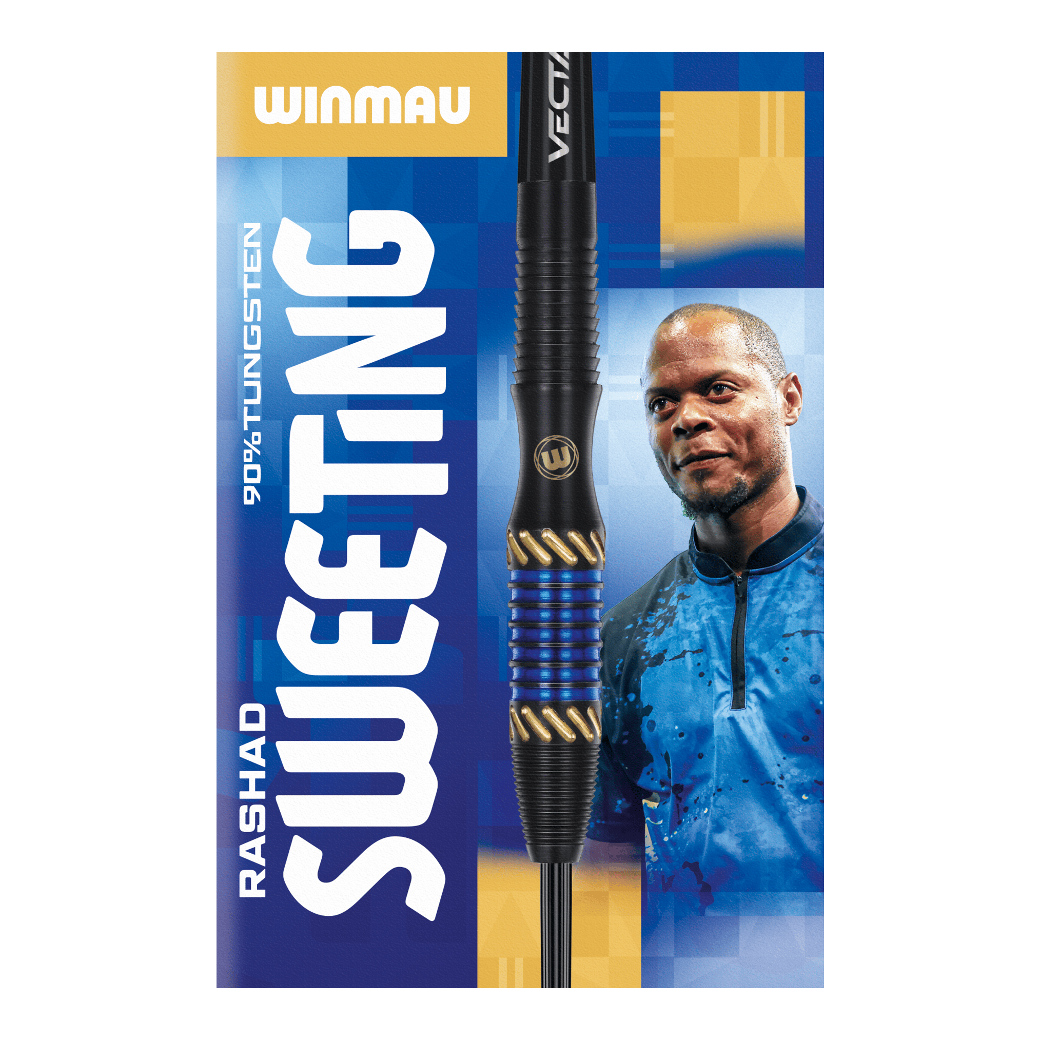 Freccette in acciaio Winmau Rashad Sweeting - 24 g Das Bild zeigt die Verpackung der "Winmau Rashad Sweeting Steeldarts - 24g". In der Mitte ist ein Dartpfeil abgebildet, daneben ist eine Person in einem blauen Outfit zu sehen.