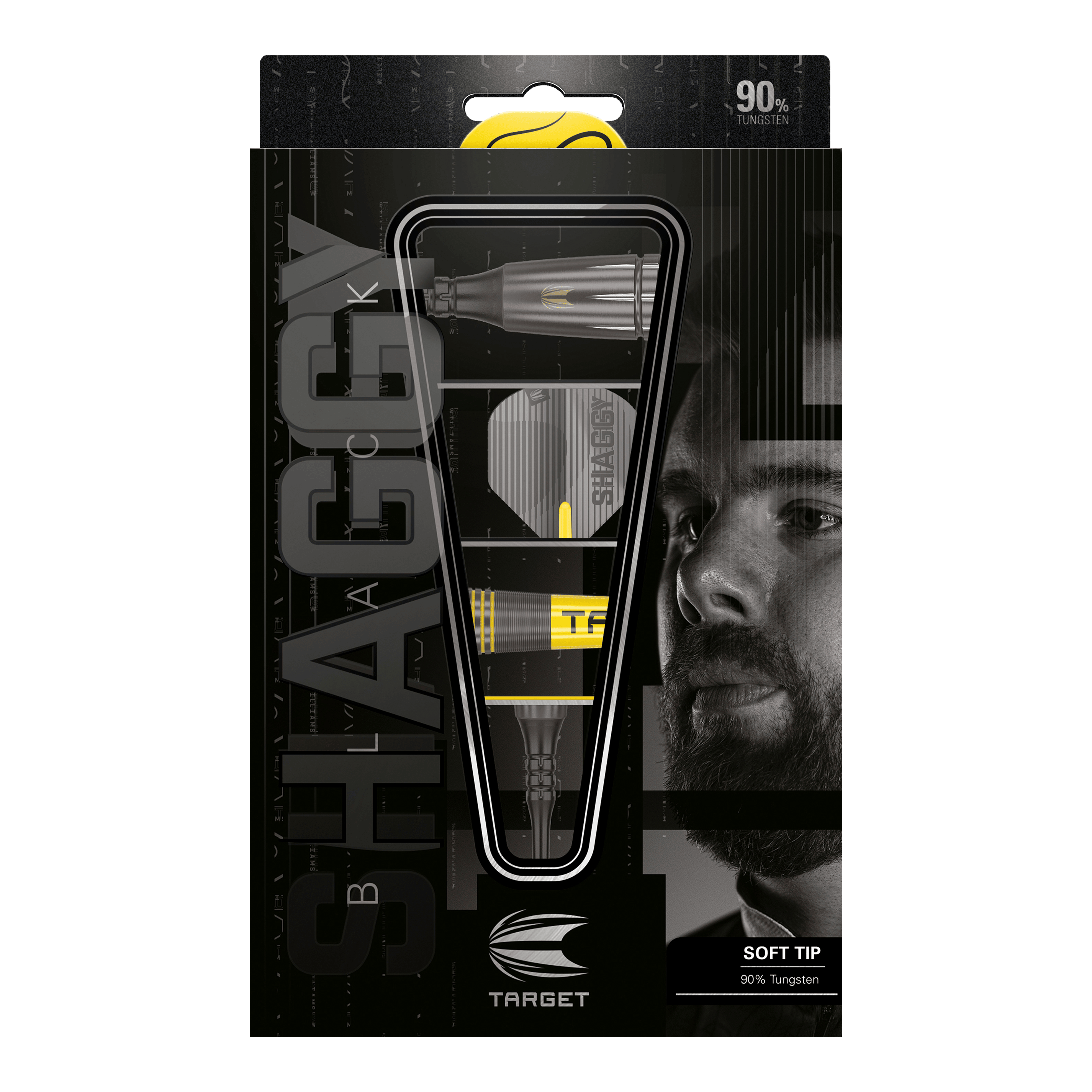 Freccette Target Scott Williams Shaggy Black Soft - 20 g Das Bild zeigt die Verpackung der "Target Scott Williams Shaggy Black Softdarts - 20g". Die Darts bestehen zu 90% aus Wolfram und haben eine schwarze und gelbe Optik.