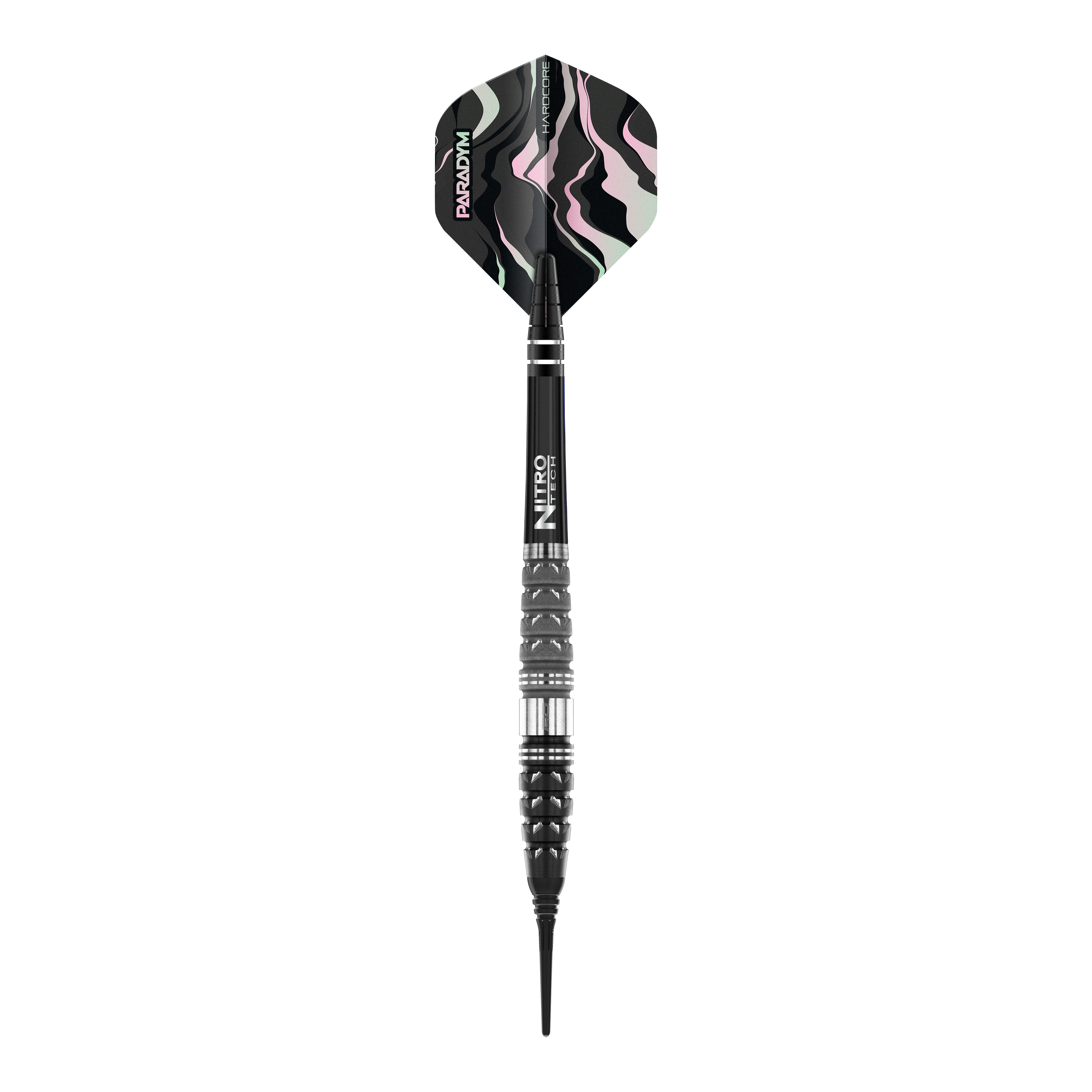 Freccette morbide Red Dragon Paradym Torpedo - 20 g Das Bild zeigt einen Red Dragon Paradym Torpedo Softdart mit einem Gewicht von 20g. Der Dart hat ein schwarzes Gehäuse mit silbernen Akzenten und ein Muster in dunklen Farben auf dem Flight.