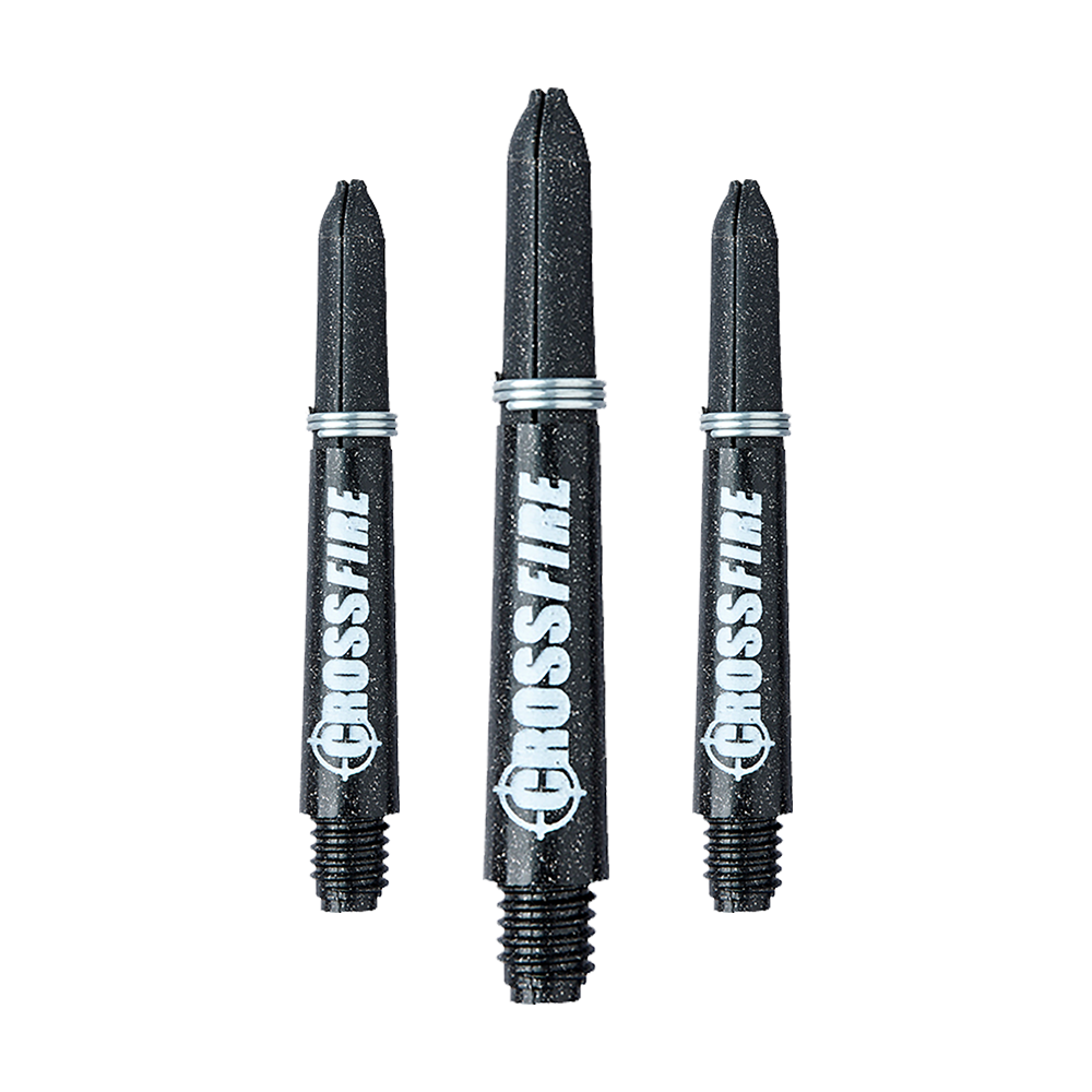 Das Bild zeigt drei schwarze RedDragon Crossfire Carbon Fibre Shafts für Dartpfeile. Auf jedem Schaft steht in weißer Schrift das Wort "CROSSFIRE".