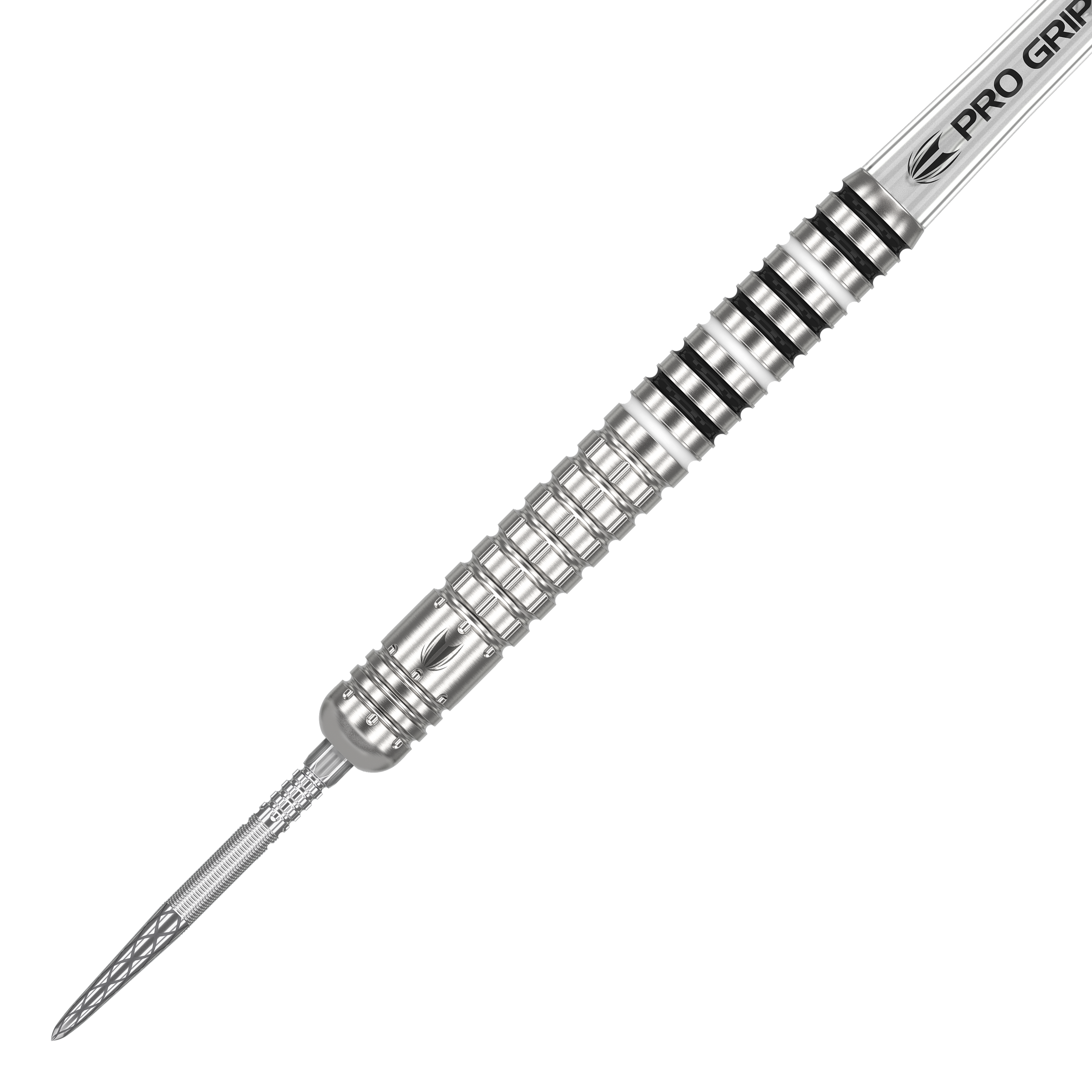 Freccette in acciaio Chris Dobey GEN1 Swiss Point Das Bild zeigt einen silbernen Steeldartpfeil mit einem detailreich gearbeiteten Griff. Auf dem Schaft steht "PRO GRIP" und der Pfeil hat mehrere schwarze Ringe als Markierungen.