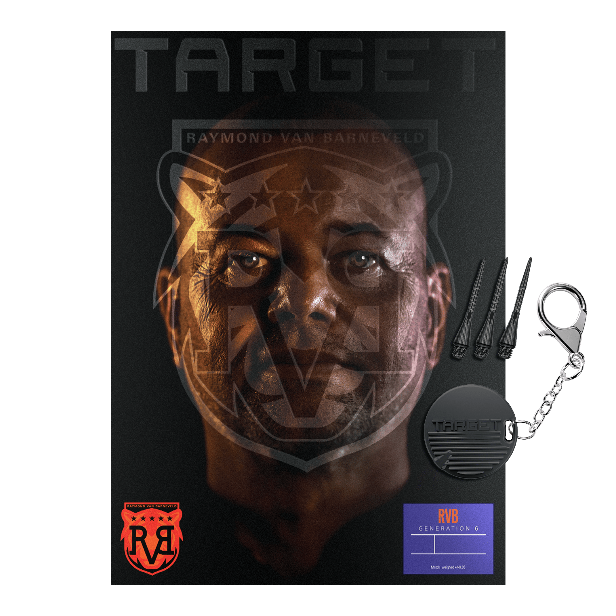 Zu sehen sind die Target Raymond Van Barneveld GEN6 Softdarts. Die Darts werden im Detail von der Seite dargestellt.