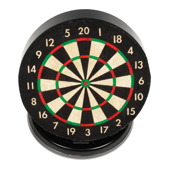 Set di freccette da tavolo Ruthless Mini Das Bild zeigt eine kleine, runde Dartscheibe mit farbigen Markierungen und Zahlen. Sie ist als Mini-Desktop-Set gestaltet und eignet sich für den Schreibtisch.