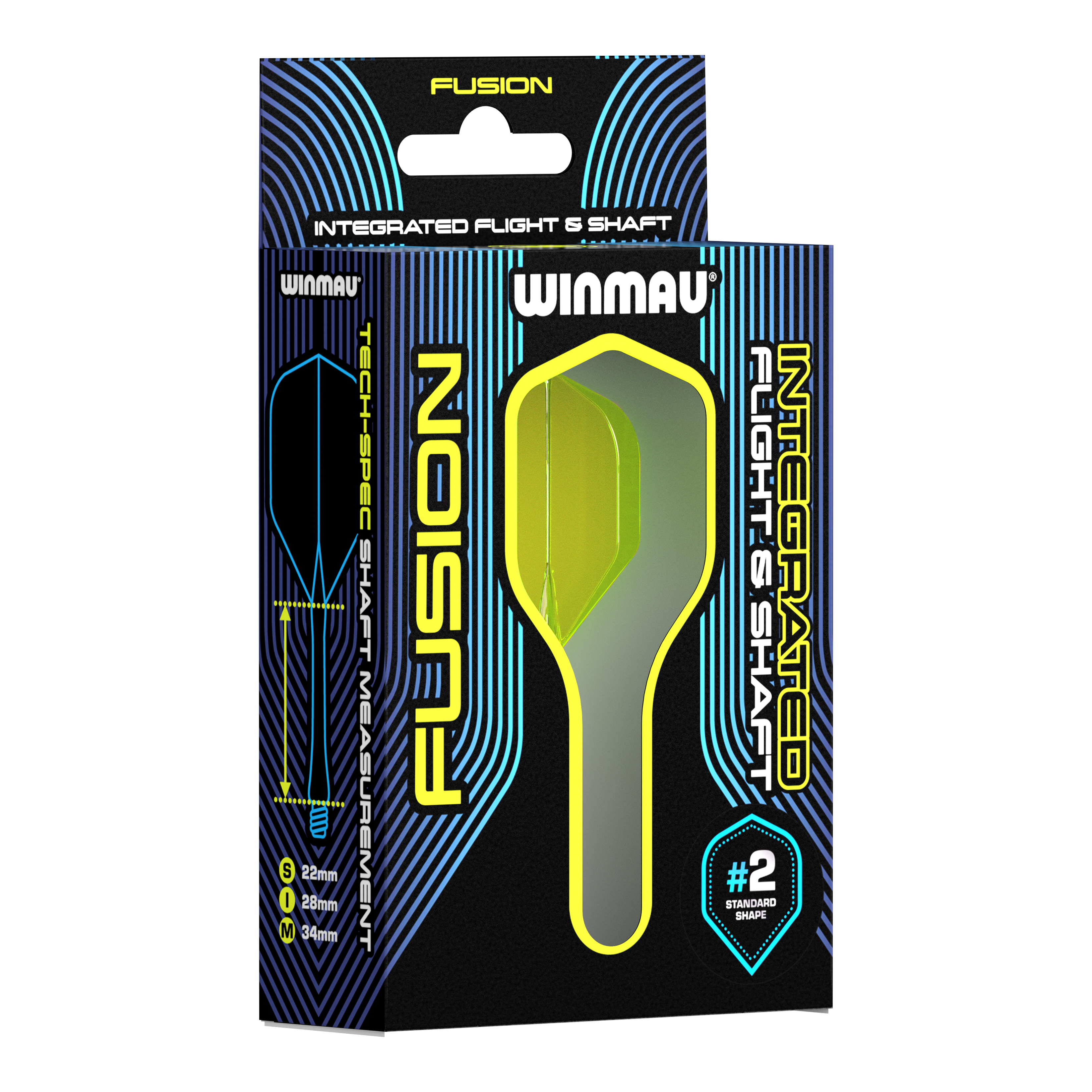 Sistema di alberi di volo Winmau Fusion standard giallo Auf dem Bild ist eine Verpackung des Winmau Fusion Integrated Flight & Shaft Systems zu sehen. Die abgebildeten Flights und Shafts sind in Gelb und haben eine Länge von 22 mm.