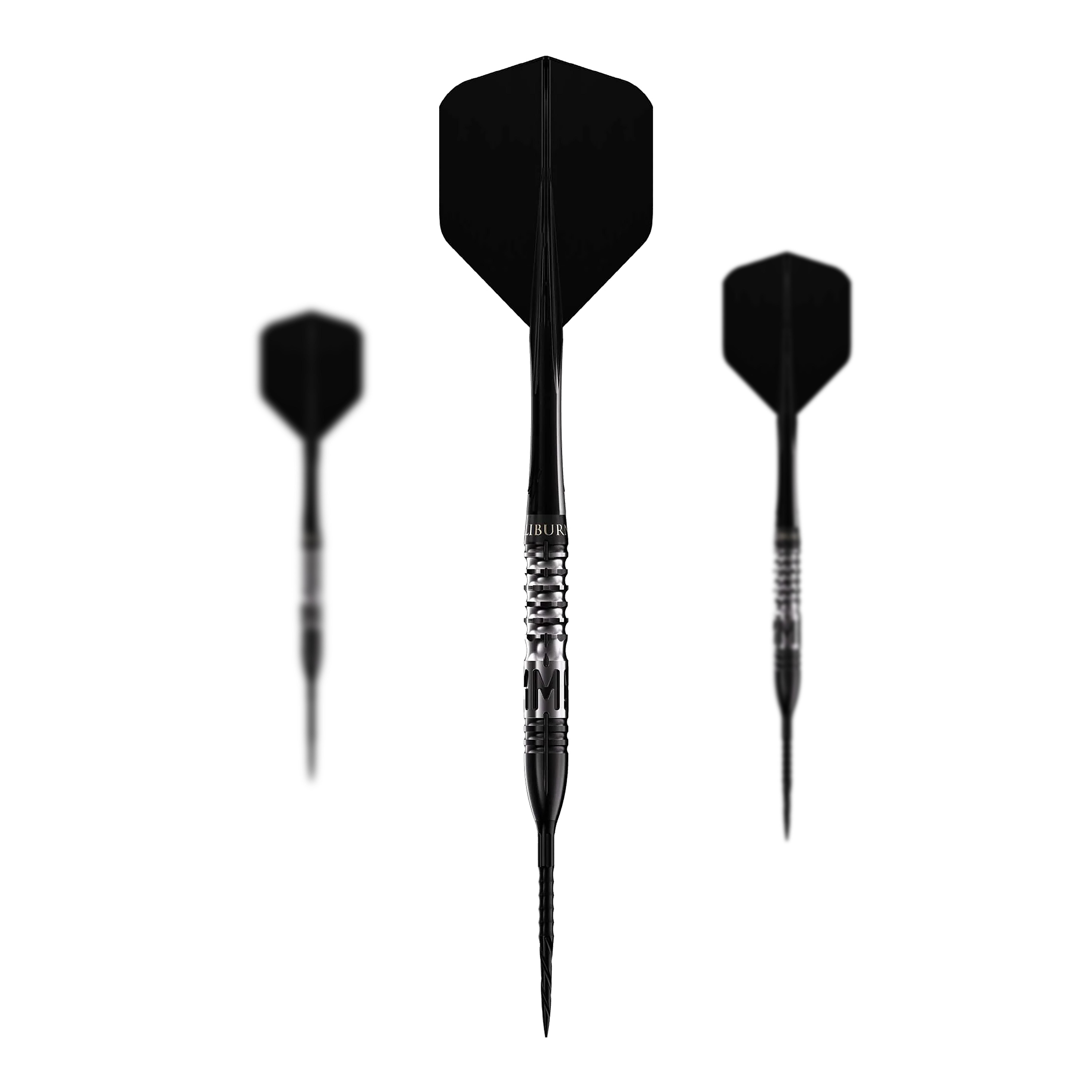 Freccette in acciaio Caliburn Player MAK Das Bild zeigt drei Steeldarts des Produkts „Caliburn Player MAK Steeldarts - 23,5g“. Die Darts sind schwarz und haben ein geriffeltes Griffstück für besseren Halt.