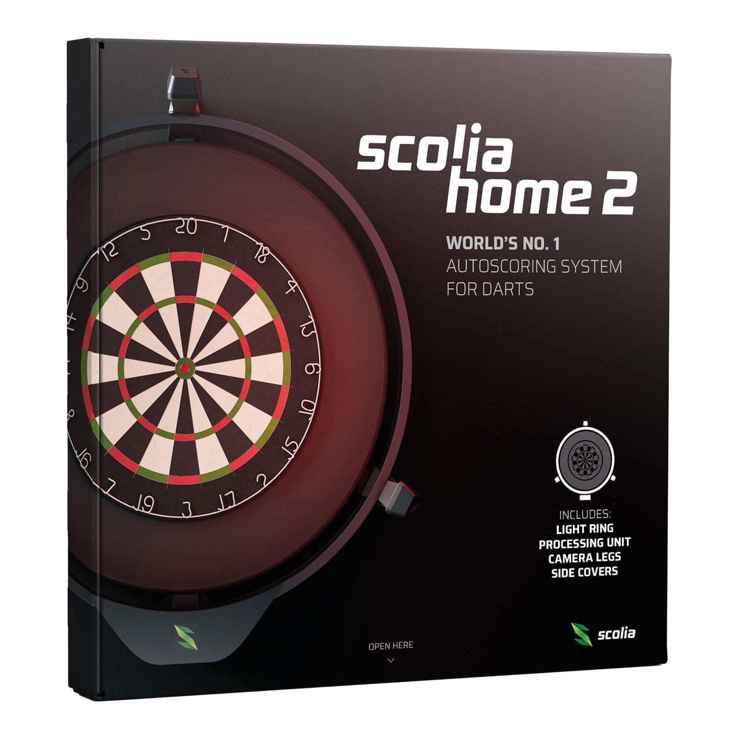 Sistema di punteggio automatico elettronico Scolia Home 2 con anello luminoso 2026 Auf dem Bild ist die Verpackung des Produkts "Scolia Home 2 Electronic Score System mit Beleuchtungsring" zu sehen. Es handelt sich um ein automatisches Zählsystem für Dartspiele mit Licht, Kamerabeinen und Abdeckungen.