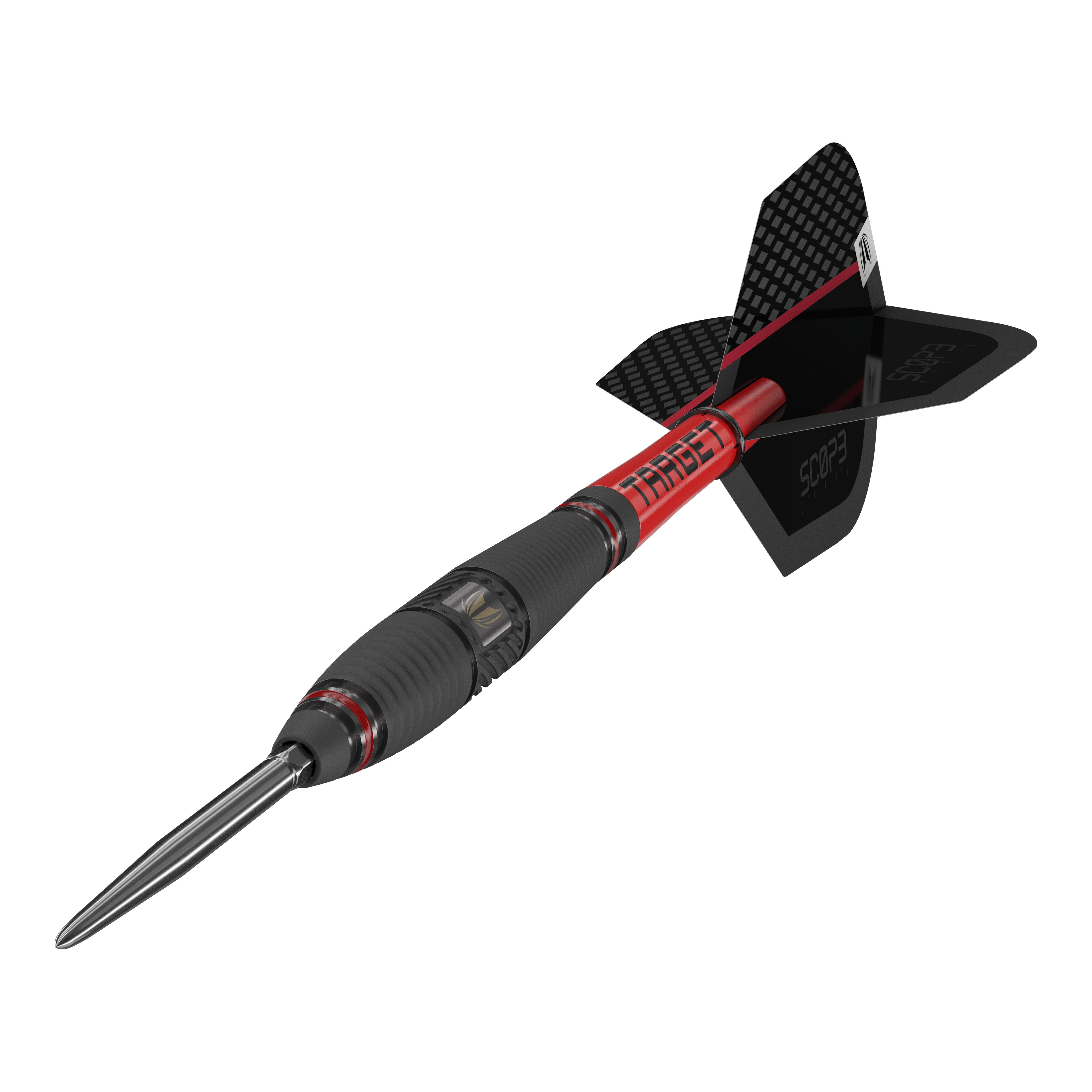 Freccette in acciaio Target Scope 03 Swiss Point Das Bild zeigt einen Target Scope 03 Swiss Point Steeldart mit schwarzem und rotem Design. Der Dartpfeil hat eine stabile Stahlspitze und aerodynamische Flügel.