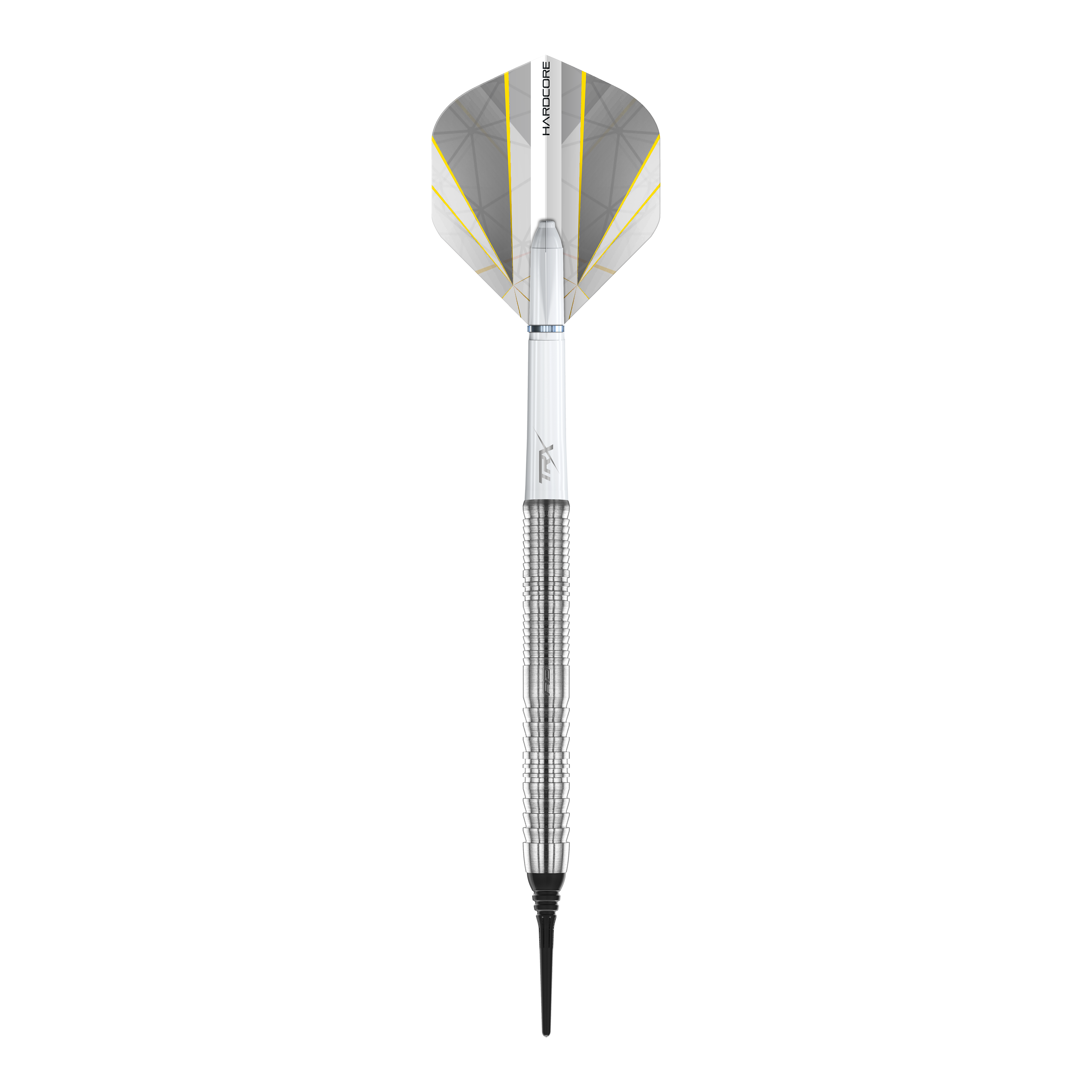 Red Dragon Seren 1 Freccette morbide pure - 20 g Das Bild zeigt einen Red Dragon Seren 1 Pure Softdart mit einem Gewicht von 20 Gramm. Der Dart ist silberfarben und hat eine weiße und gelbe Flight.