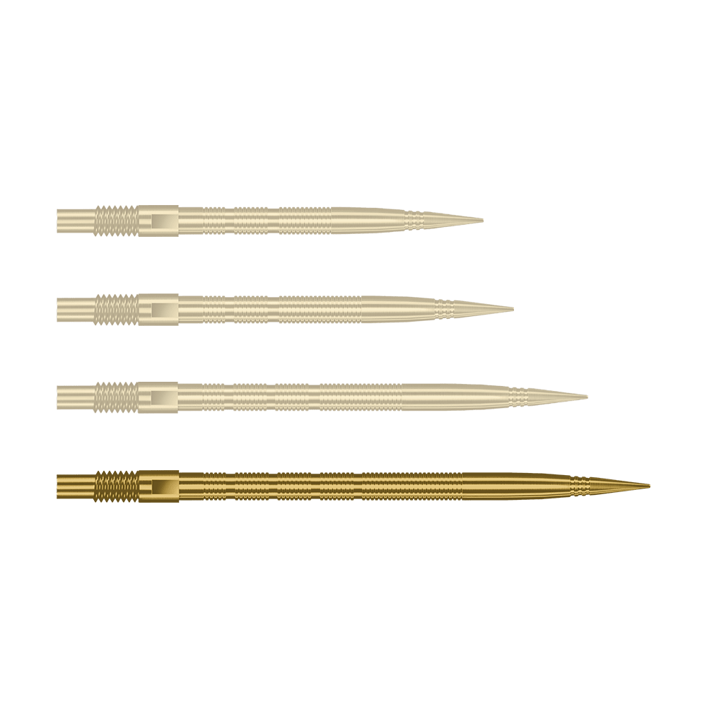 Punte per freccette Harrows Quick Point Micro Ridge - Oro Hier sieht man eine einzelne Harrows Quick Point MicroRidge Dartspitze in Gold, 40mm. Sie liegt auf einem hellen Hintergrund.