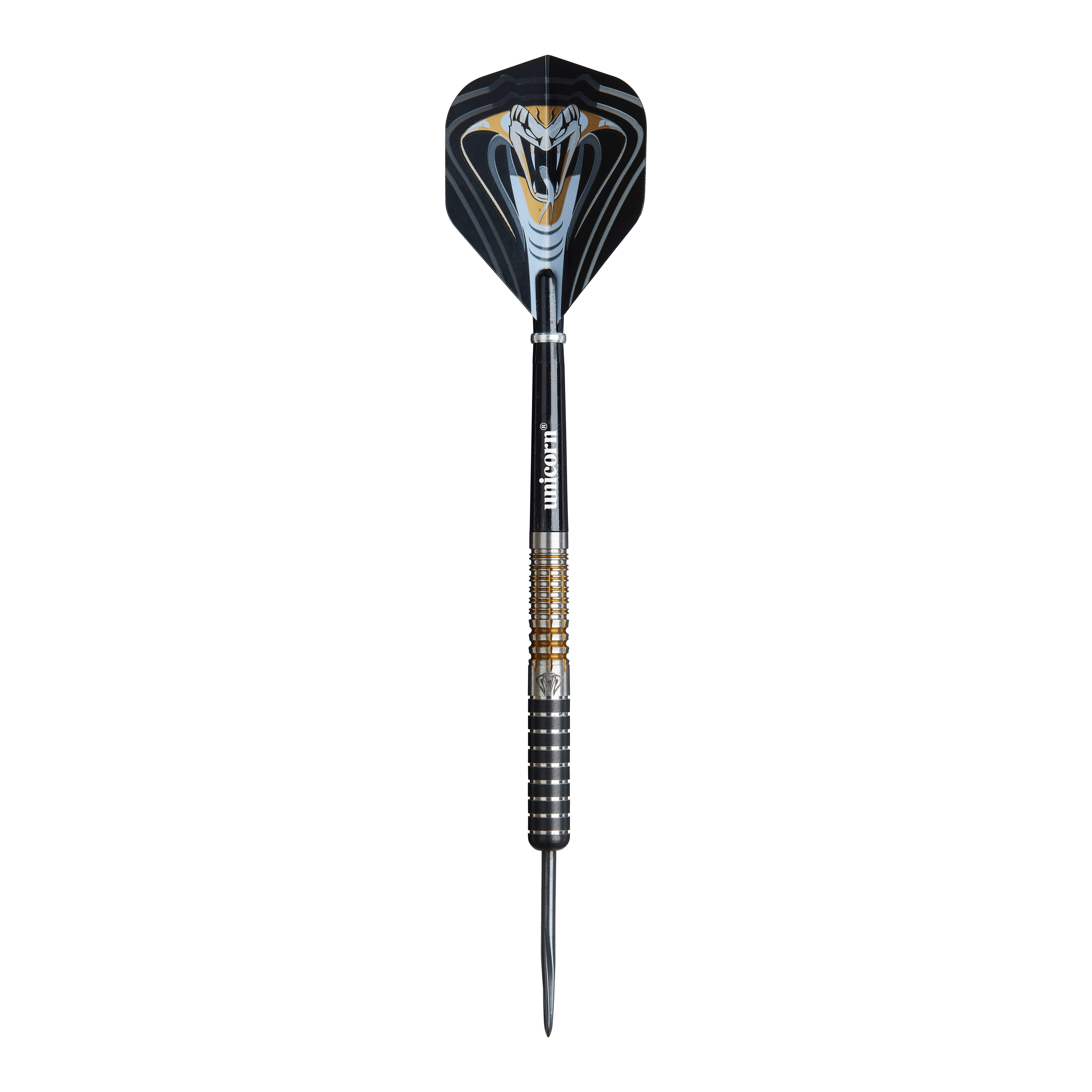 Das Bild zeigt einen Unicorn Maestro Jeffrey De Zwaan Phase 3 Steeldart. Der Dart ist schwarz mit silbernen und goldenen Akzenten und zeigt ein auffälliges Schlangendesign auf dem Flight.