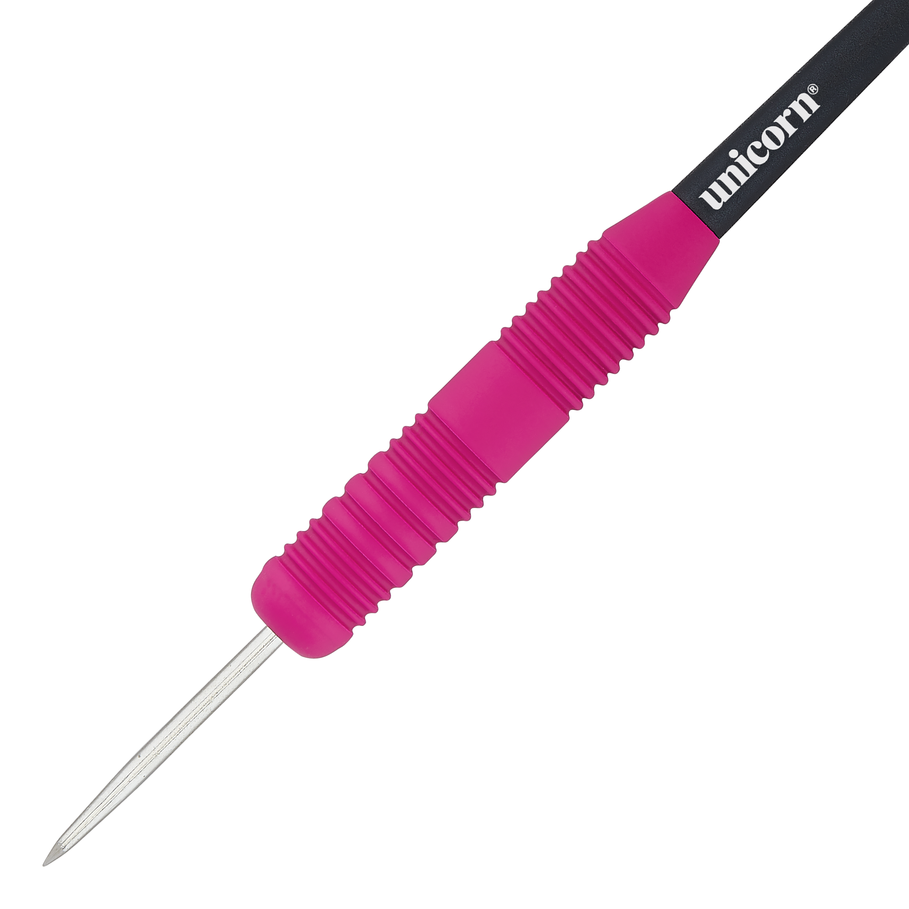 Freccette in acciaio rosa gommate Unicorn Core Plus Das Bild zeigt einen Unicorn Core Plus Steeldart mit einem gummierten, pinken Griff. Der Dart hat eine silberne Spitze und einen schwarzen Schaft mit dem weißen "unicorn"-Logo.
