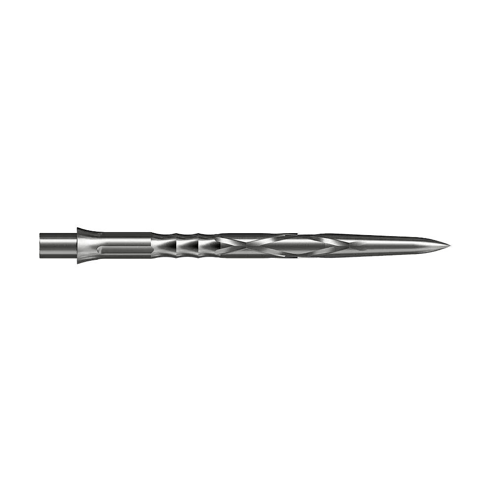 Punte per freccette in acciaio Caliburn System - HAN G2 - Argento Auf dem Bild ist eine silberne Steeldartspitze mit eingedrehtem Muster zu sehen. Sie ist lang und schmal mit einer spitzen Spitze.