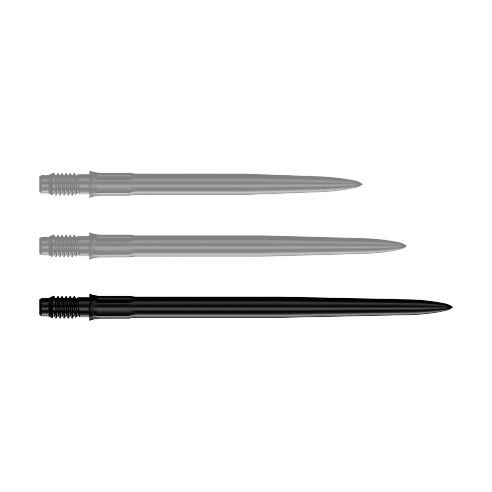 Abgebildet ist eine einzelne schwarze Dartspitze mit einer Länge von 40mm. Es handelt sich um Mission R25 Rapid Point SM1 Dartspitzen.