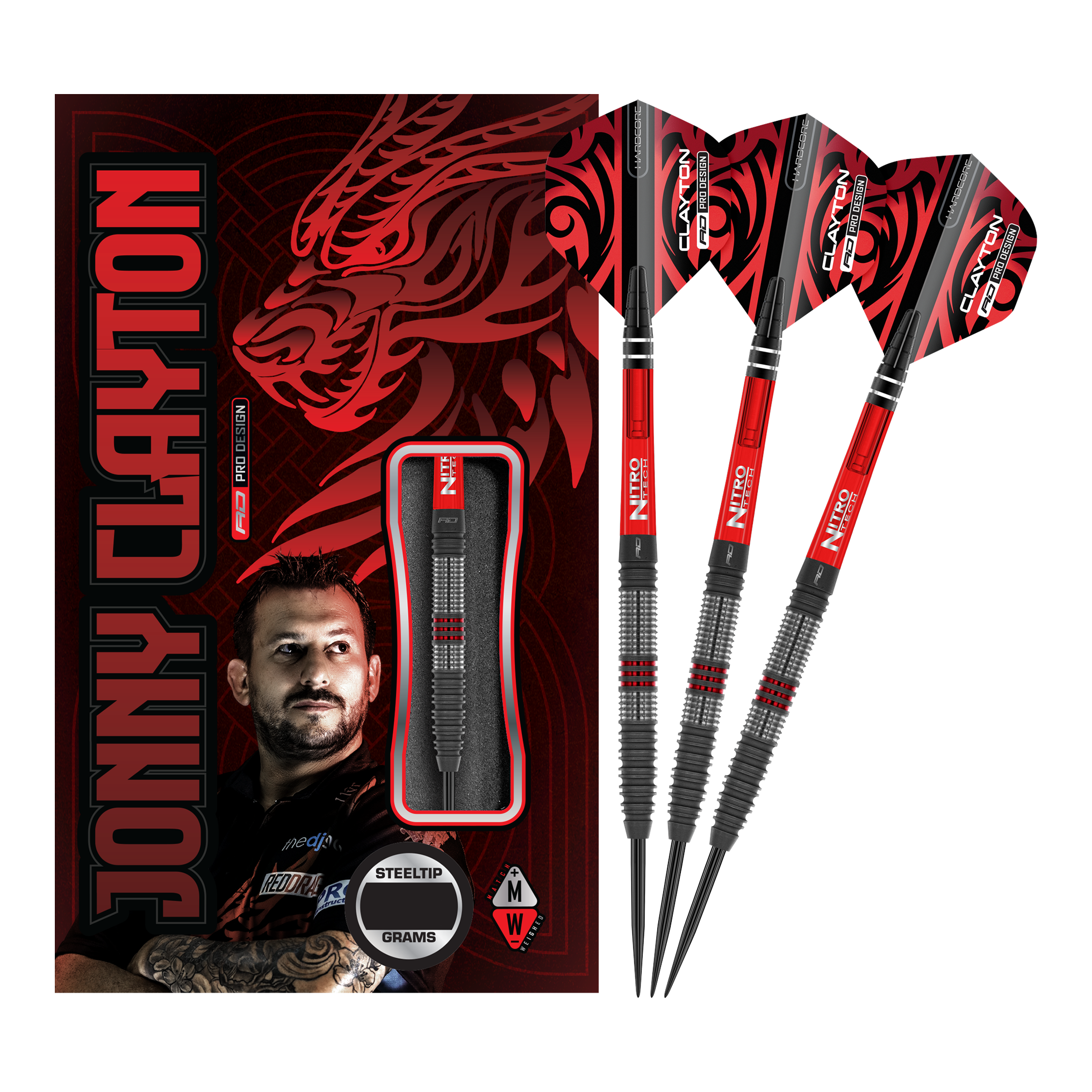 Freccette in acciaio Red Dragon Jonny Clayton Hiraeth Das Bild zeigt das Produkt "Red Dragon Jonny Clayton Hiraeth Steeldarts" mit drei Steeldarts und einer auffälligen Verpackung. Auf der Verpackung sind ein Porträt von Jonny Clayton und ein roter Drachen abgebildet.