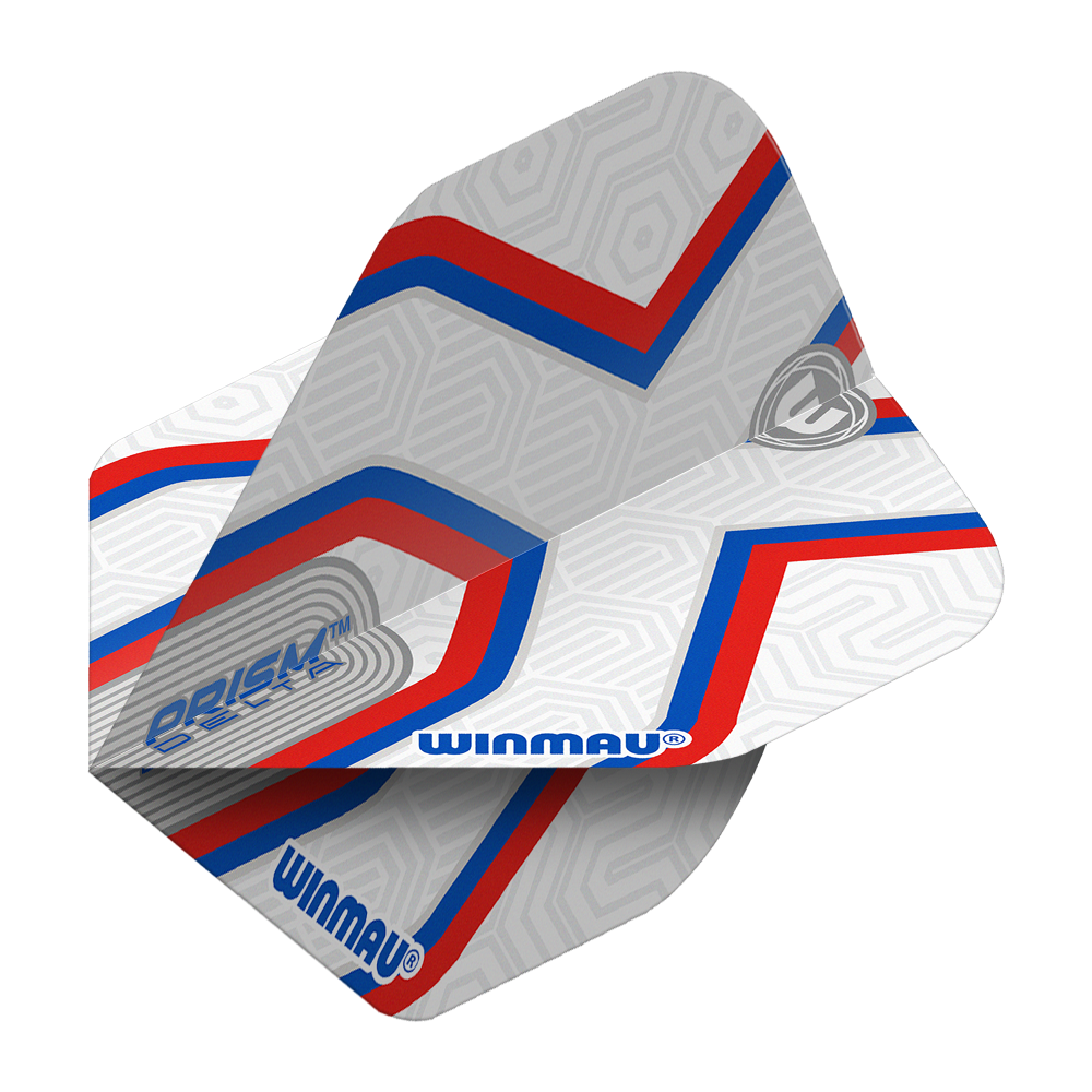 Voli standard Winmau Prism Delta Epix No2 Das Bild zeigt die Winmau Prism Delta Epix No2 Standard Flights. Die Flights sind hauptsächlich weiß mit roten und blauen Streifen sowie dem Winmau-Logo.
